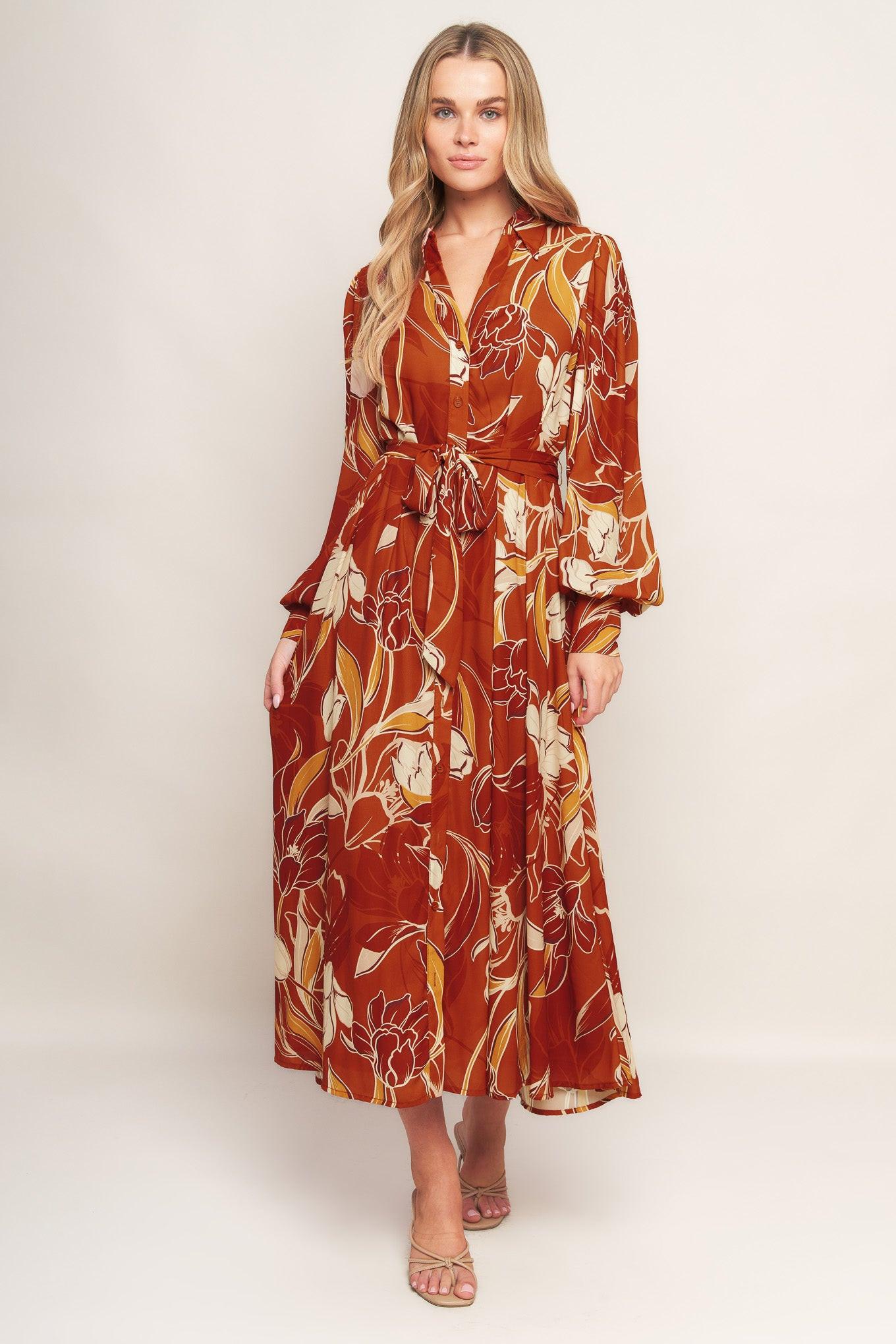 Blooming Radiance Woven Midi Dress in brown, view 1 — Soul Flow Apparel