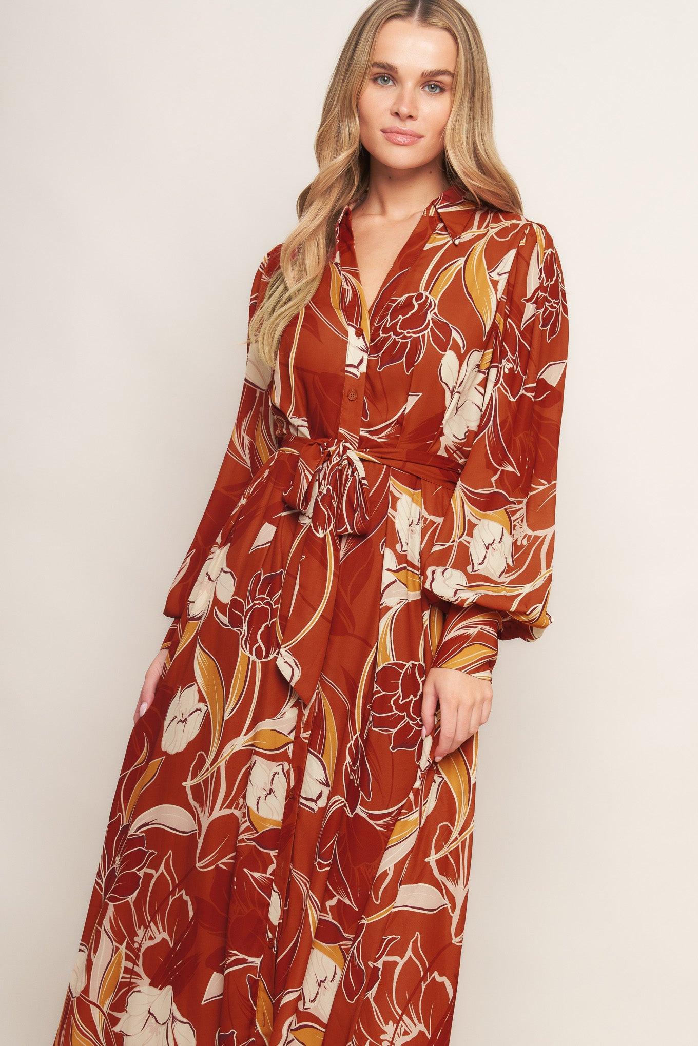 Blooming Radiance Woven Midi Dress in brown, view 2 — Soul Flow Apparel