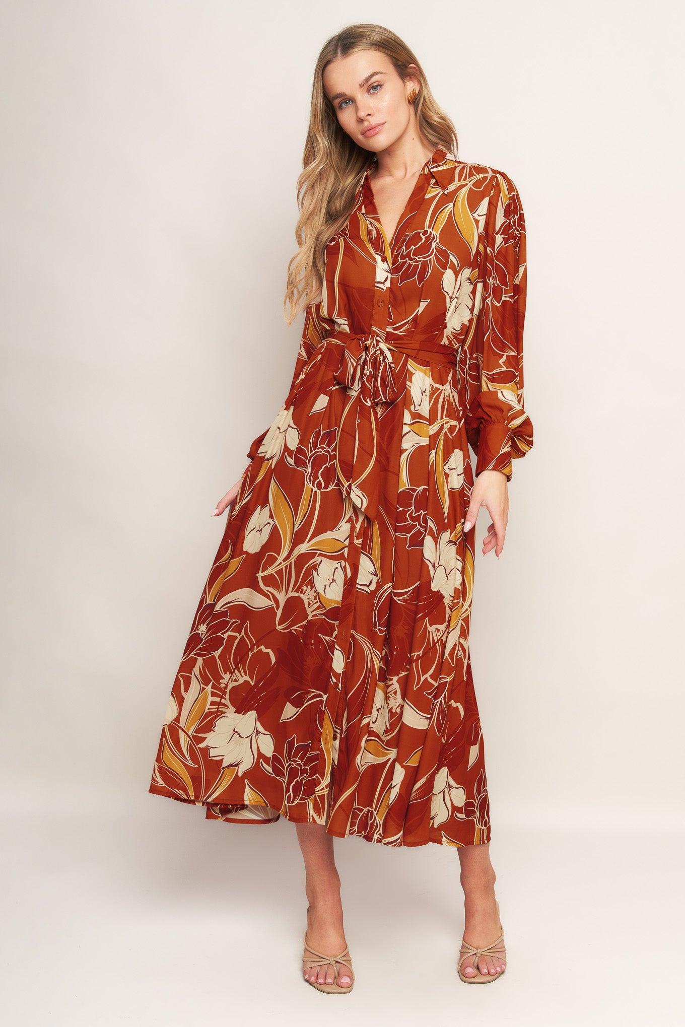 Blooming Radiance Woven Midi Dress in brown, view 3 — Soul Flow Apparel