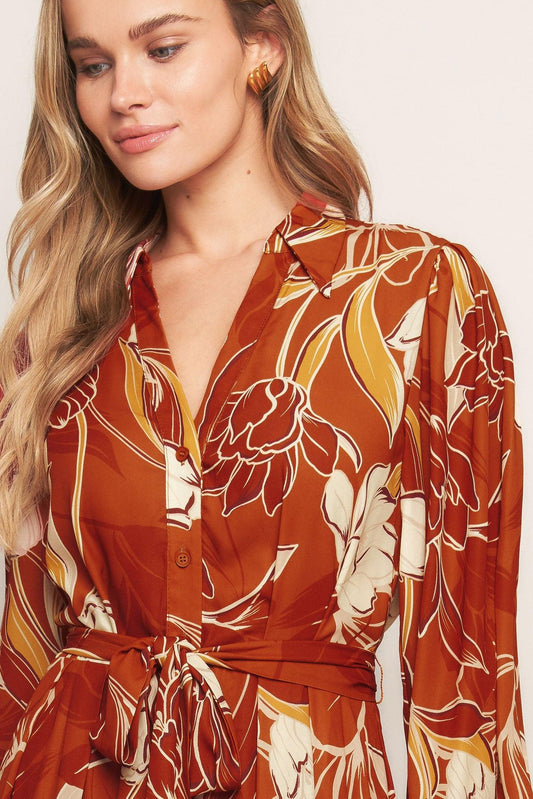 Blooming Radiance Woven Midi Dress in brown, view 4 — Soul Flow Apparel