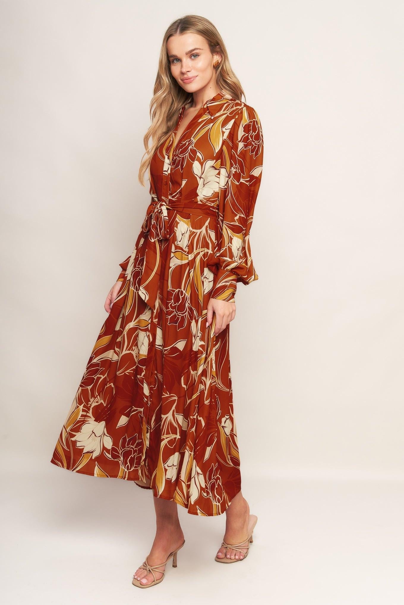 Blooming Radiance Woven Midi Dress in brown, view 5 — Soul Flow Apparel