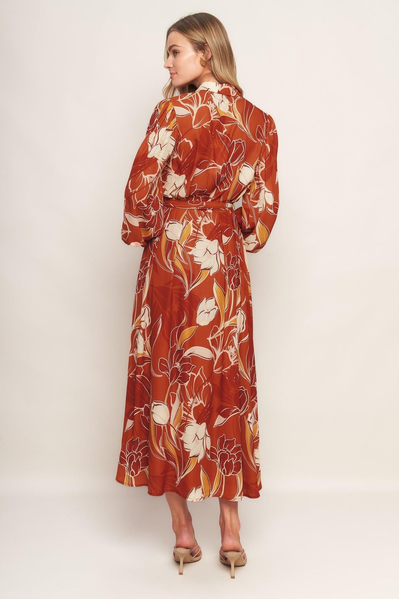 Blooming Radiance Woven Midi Dress in brown, view 6 — Soul Flow Apparel