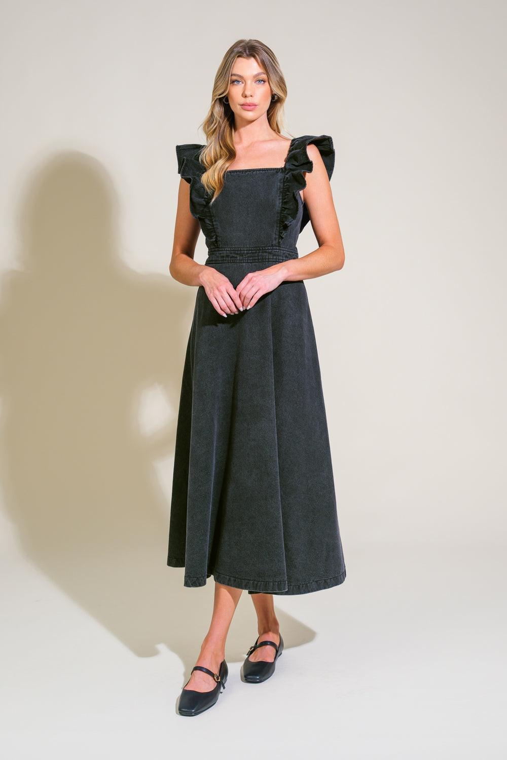 Timeless Charm Denim Midi Dress in black, view 1 — Soul Flow Apparel