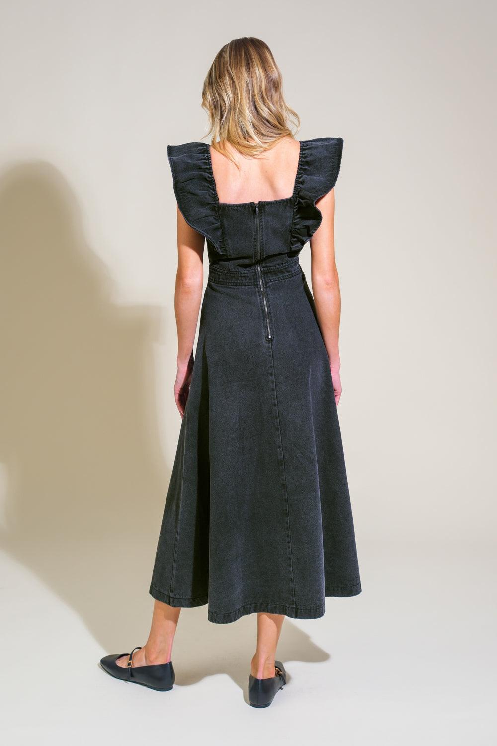 Timeless Charm Denim Midi Dress in black, view 2 — Soul Flow Apparel