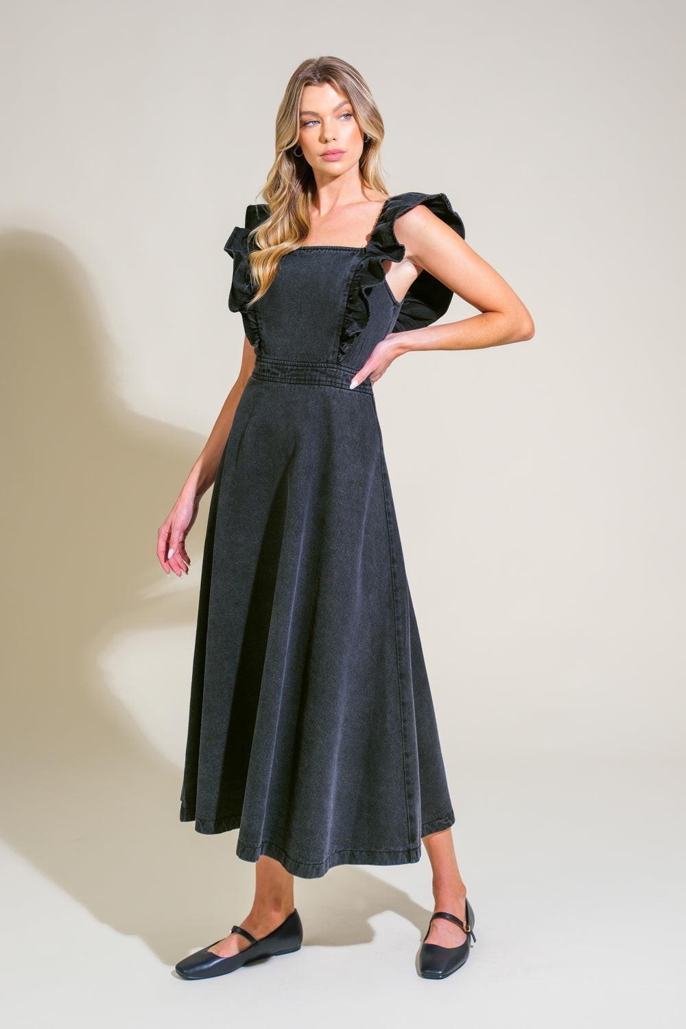 Timeless Charm Denim Midi Dress in black, view 3 — Soul Flow Apparel