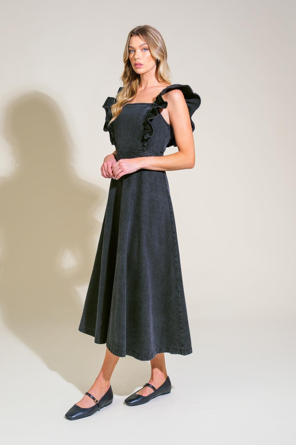 Timeless Charm Denim Midi Dress in black, view 5 — Soul Flow Apparel