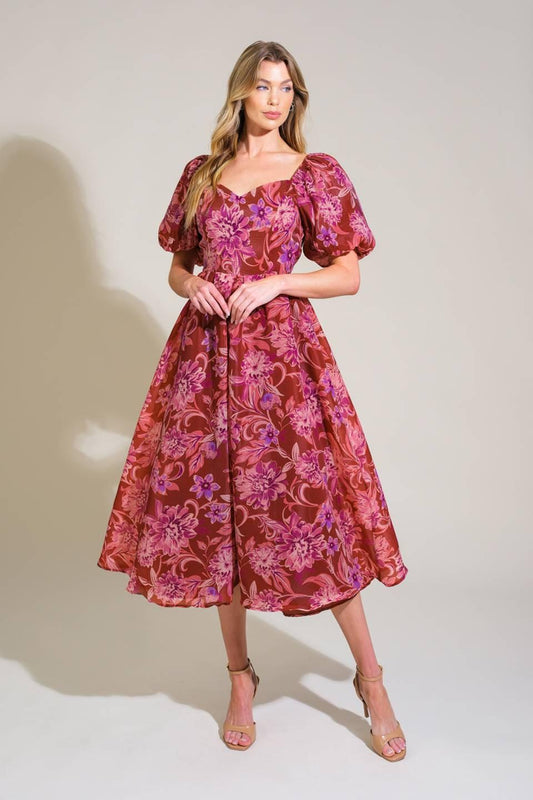 Radiant Day Floral Woven Midi Dress in brick, view 1 — Soul Flow Apparel