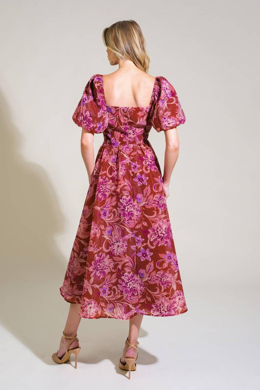 Radiant Day Floral Woven Midi Dress in brick, view 2 — Soul Flow Apparel