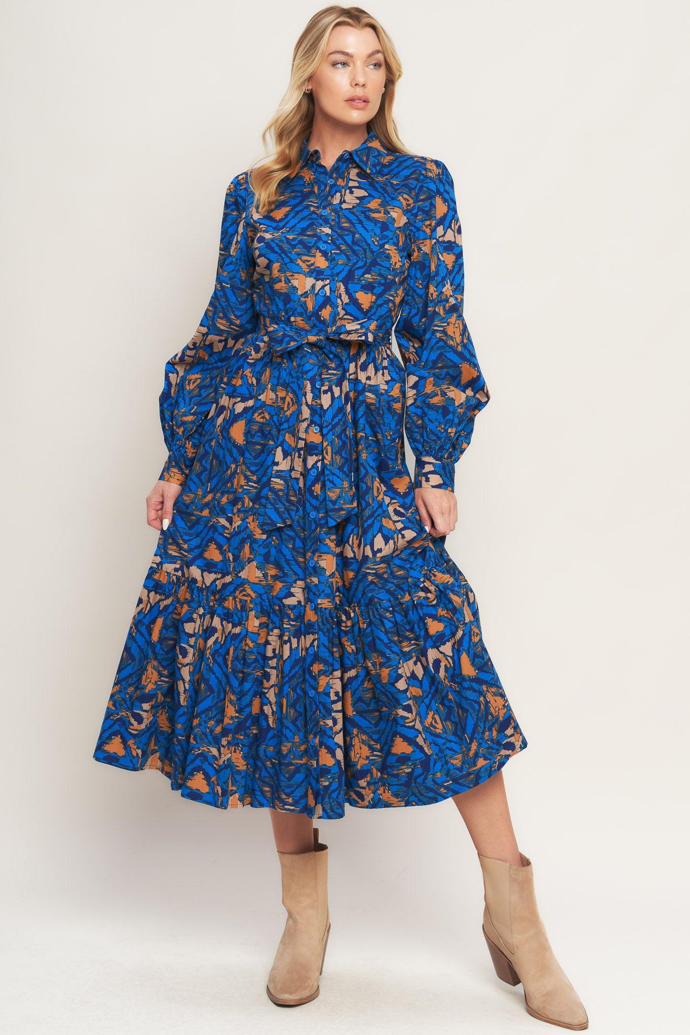 North Hills Woven Shirt Dress in blue rust, view 1 — Soul Flow Apparel