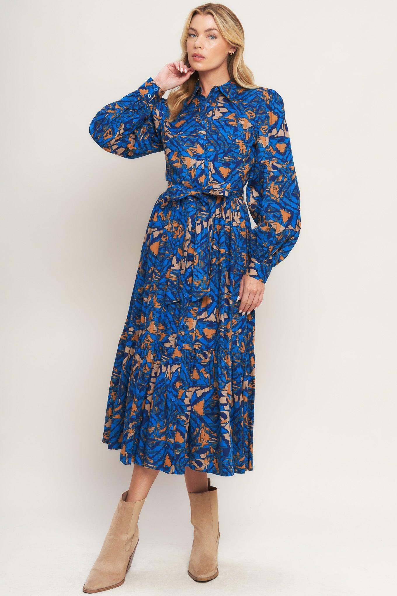 North Hills Woven Shirt Dress in blue rust, view 3 — Soul Flow Apparel