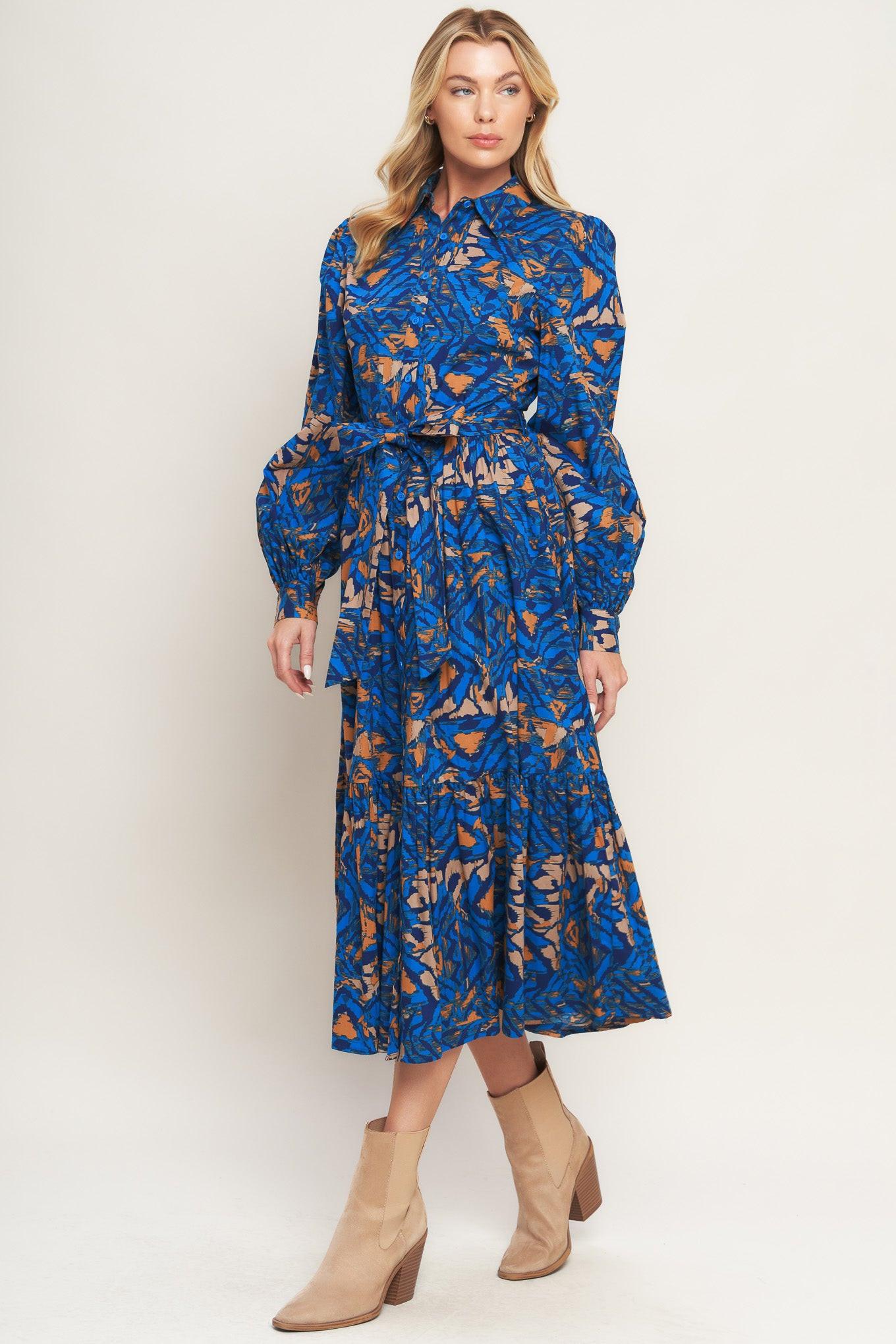 North Hills Woven Shirt Dress in blue rust, view 4 — Soul Flow Apparel