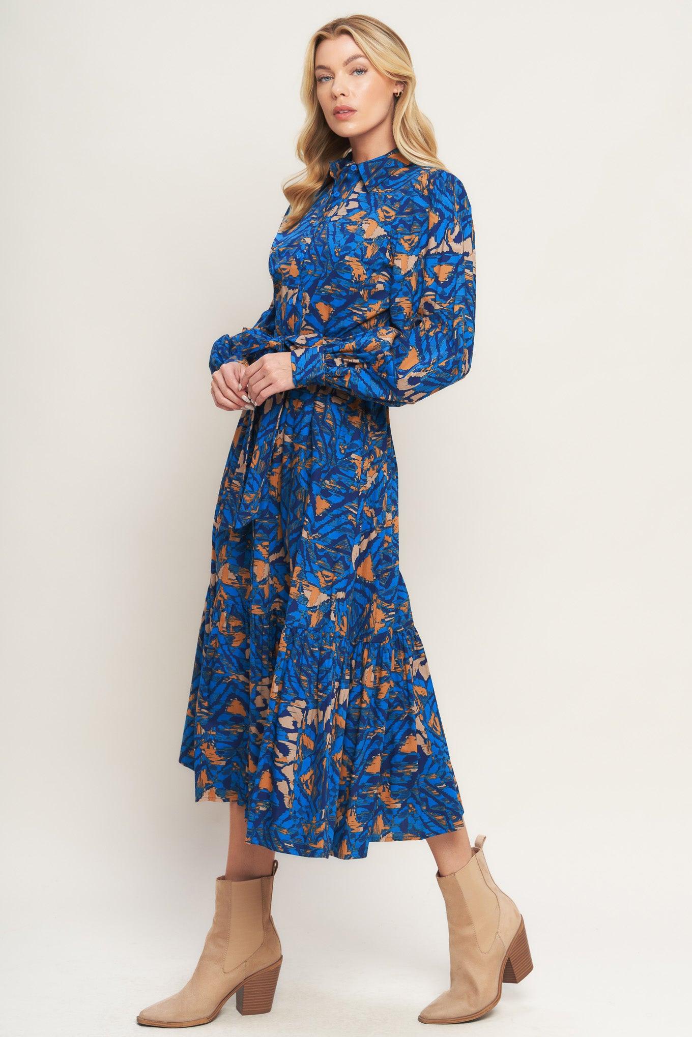 North Hills Woven Shirt Dress in blue rust, view 5 — Soul Flow Apparel