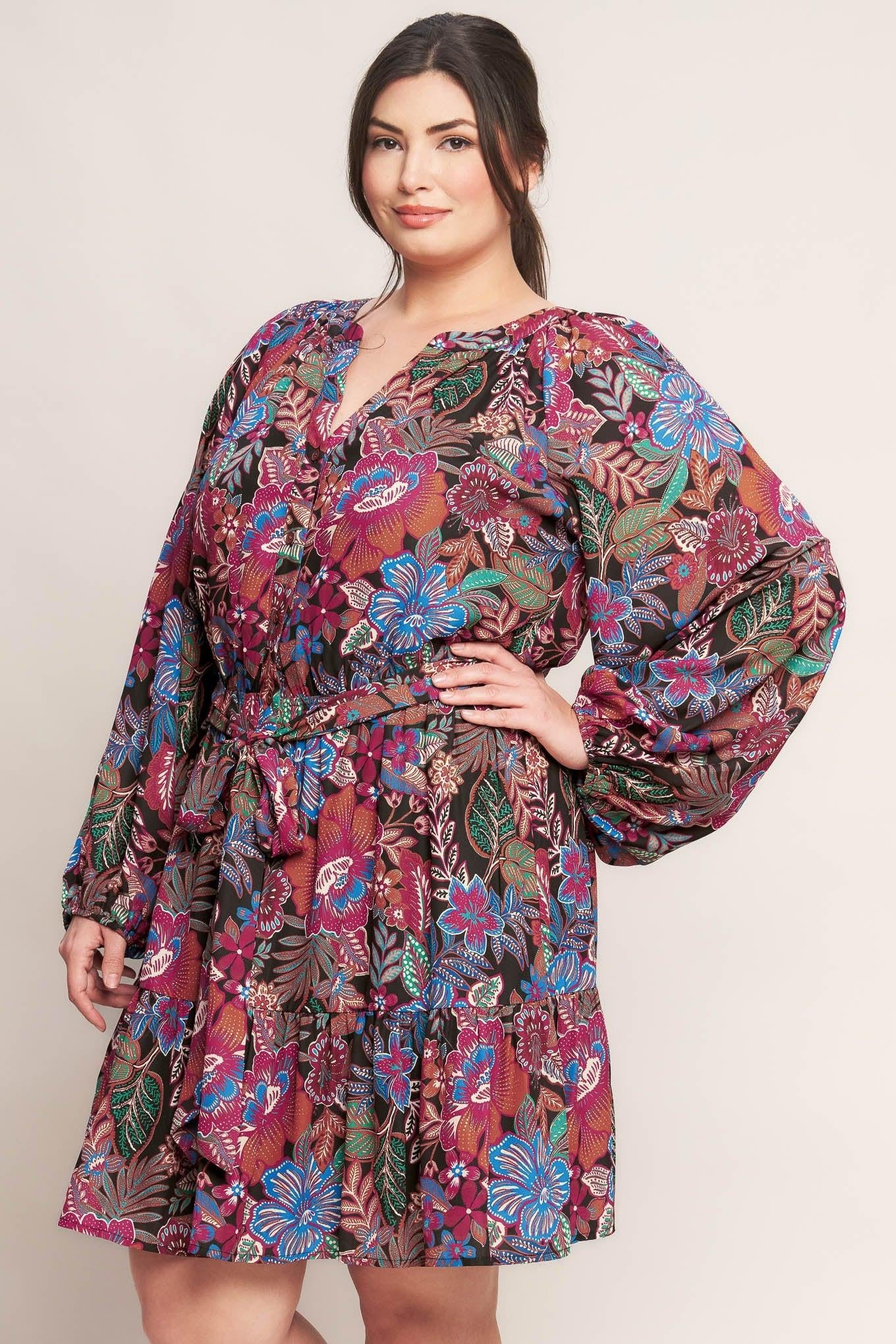 Floral Bliss Woven Mini Dress in black, view 2 — Soul Flow Apparel