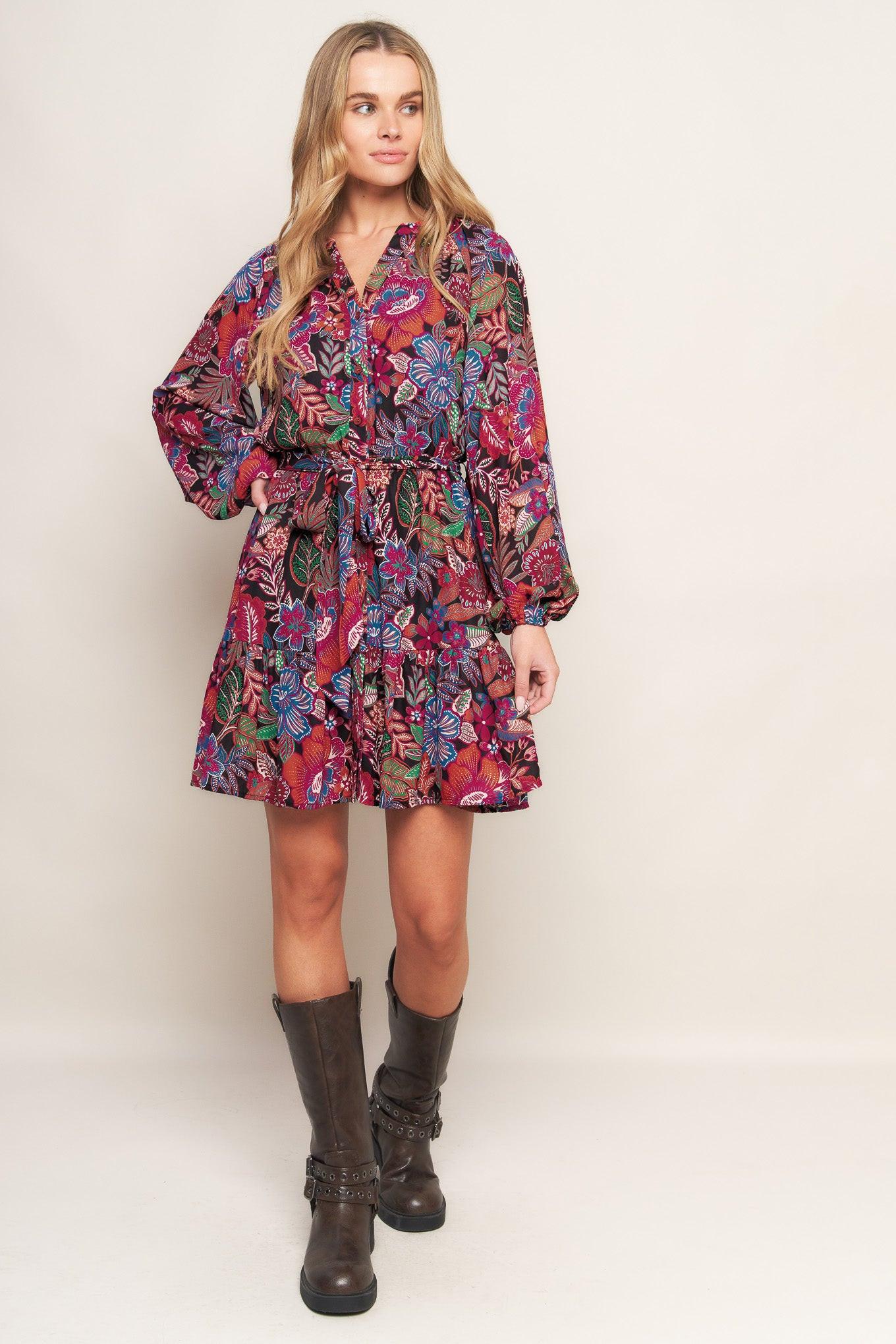 Floral Bliss Woven Mini Dress in black, view 1 — Soul Flow Apparel