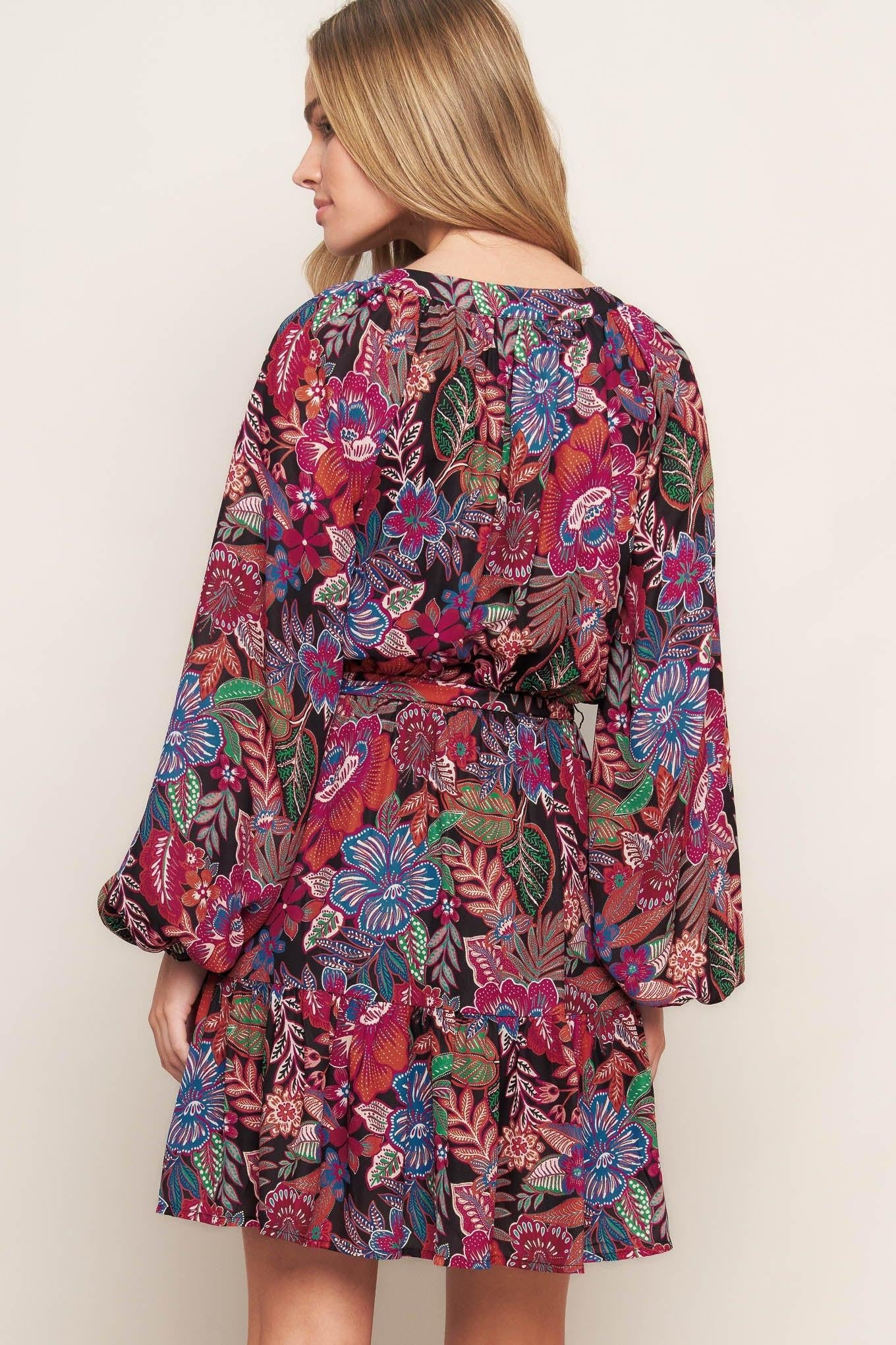 Floral Bliss Woven Mini Dress in black, view 3 — Soul Flow Apparel