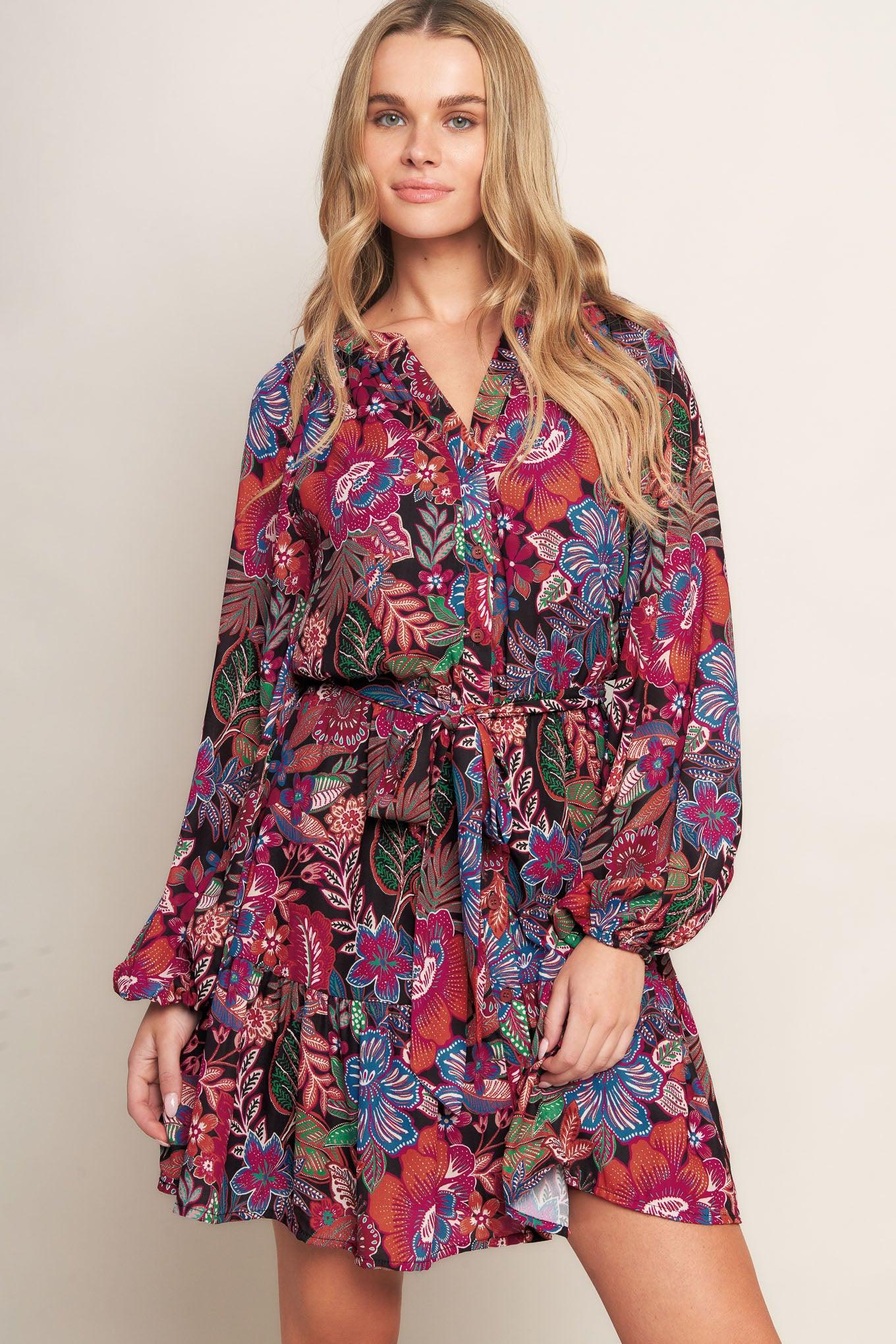 Floral Bliss Woven Mini Dress in black, view 5 — Soul Flow Apparel