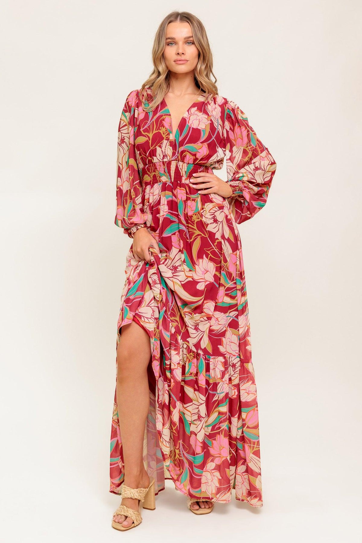 Amazing Presence Woven Maxi Dress in berry, view 6 — Soul Flow Apparel