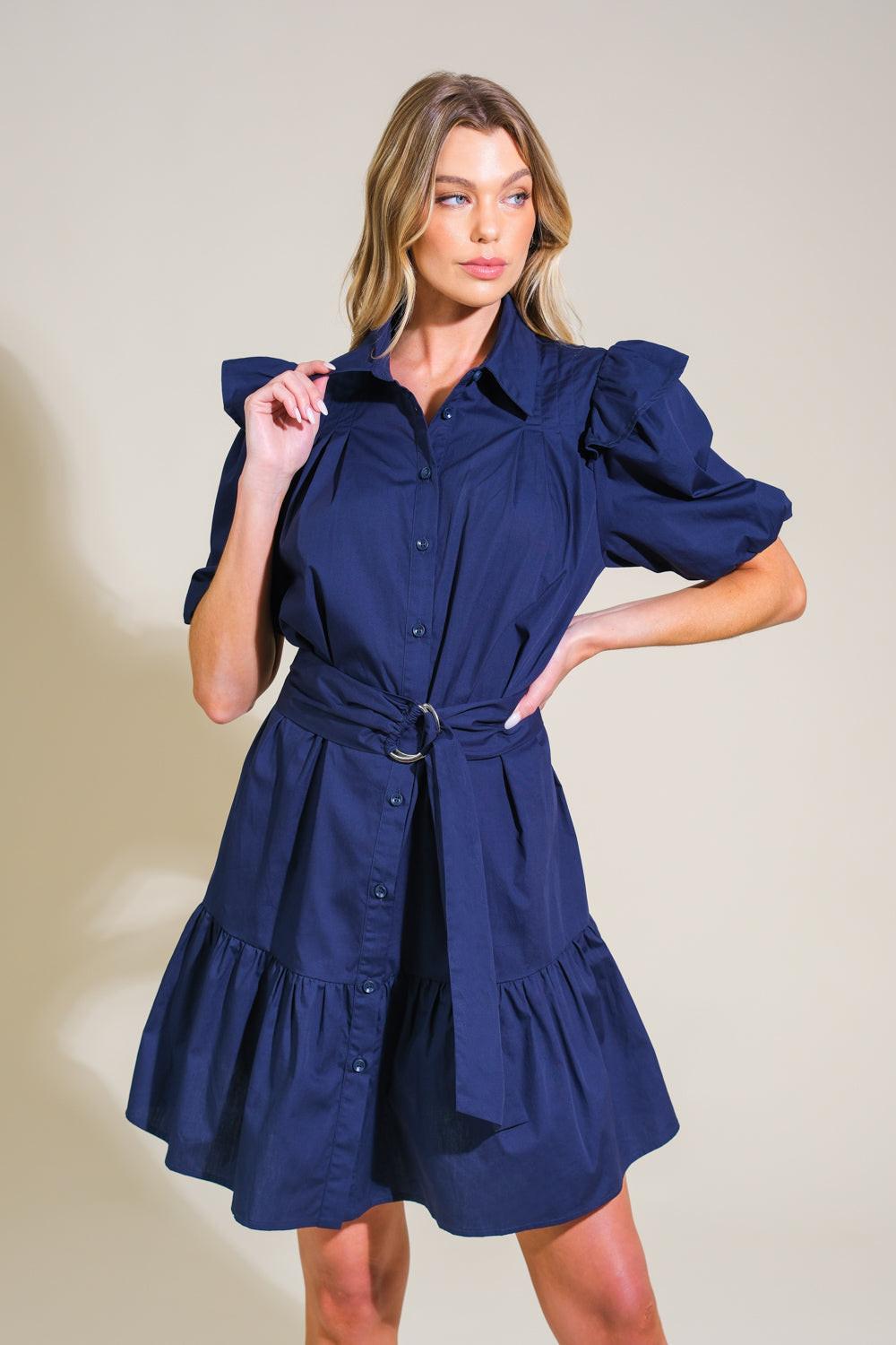 Iridescent Dream Woven Mini Dress in navy, view 1 — Soul Flow Apparel