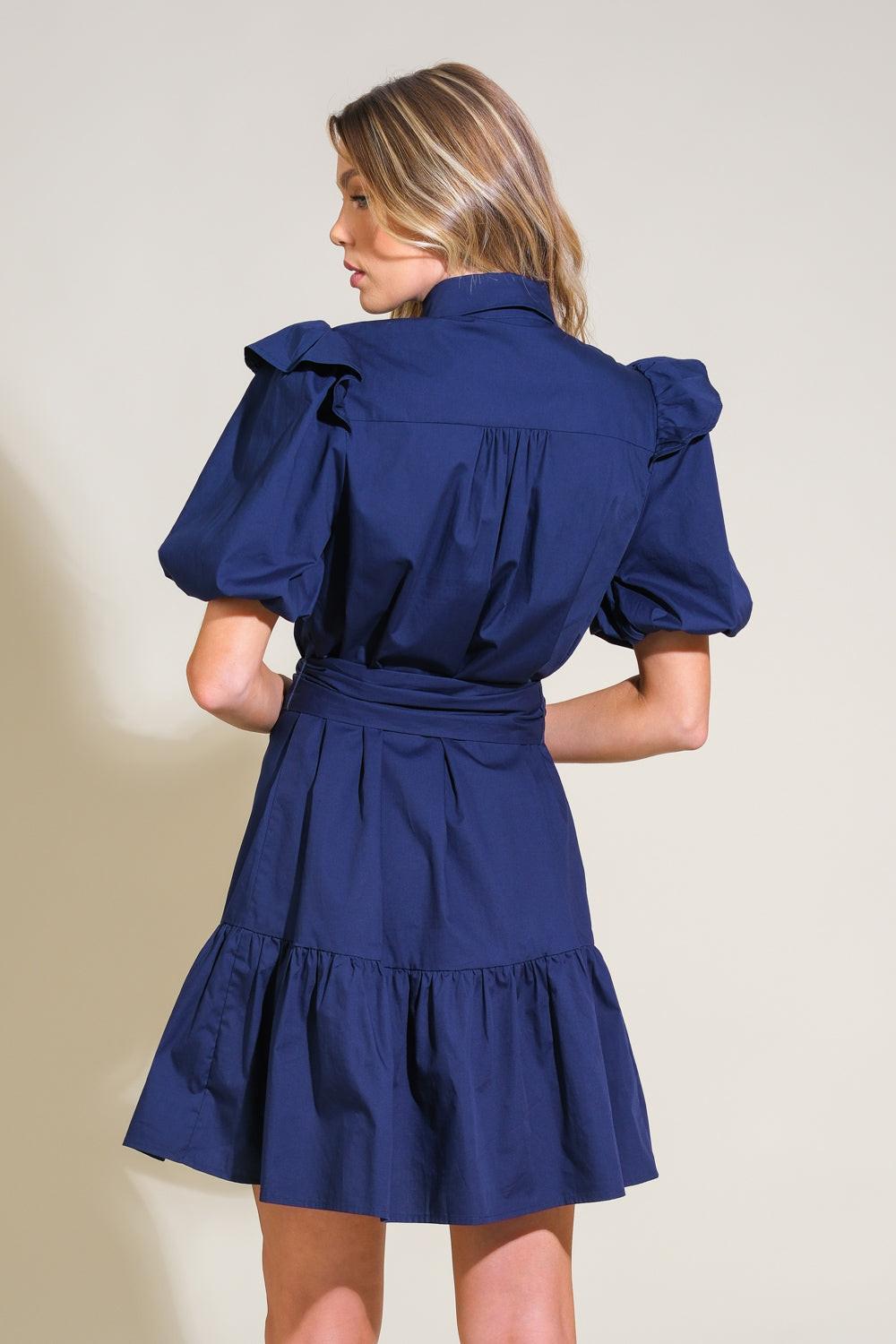Iridescent Dream Woven Mini Dress in navy, view 2 — Soul Flow Apparel