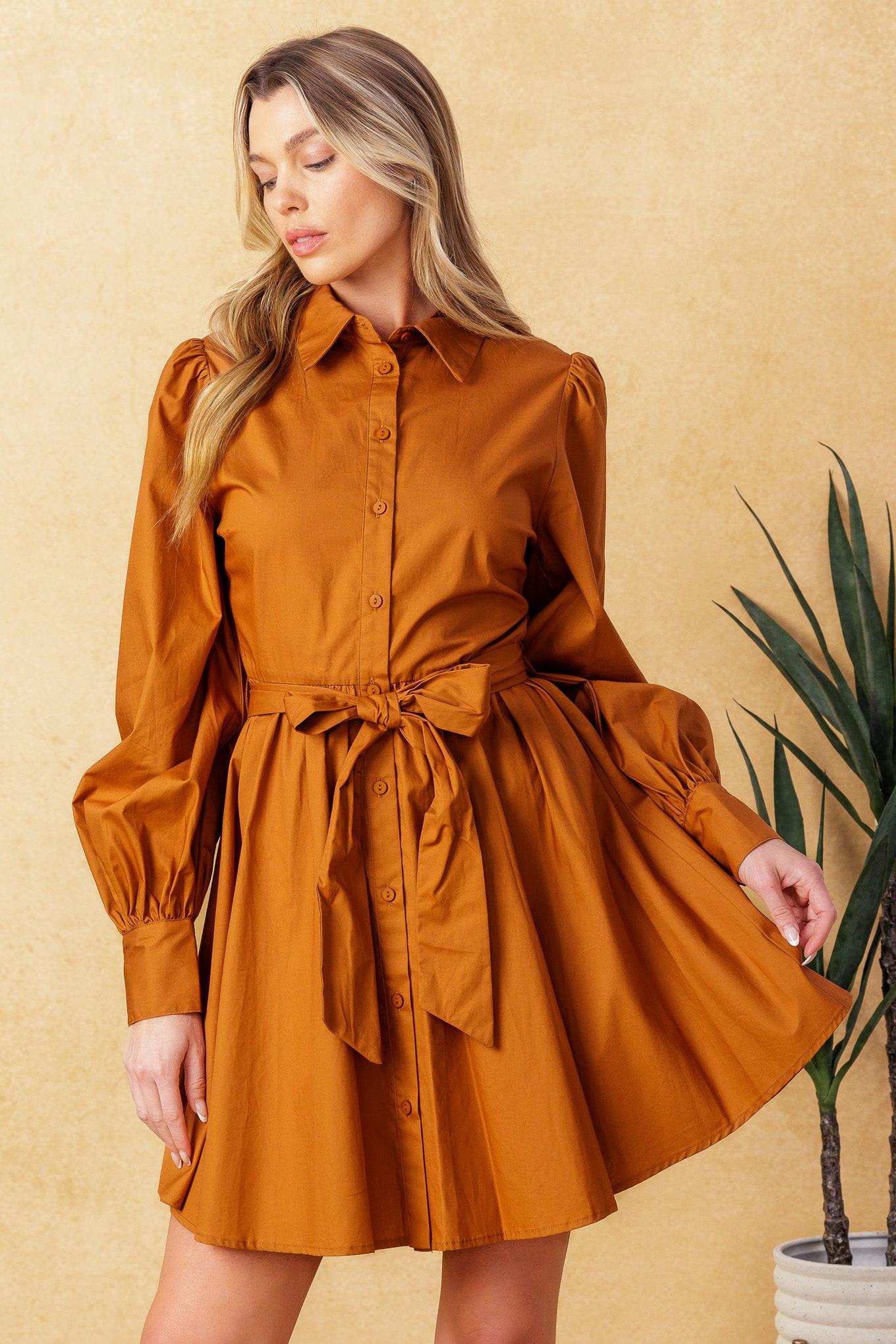 Eatons Neck Woven Mini Dress in caramel, view 2 — Soul Flow Apparel