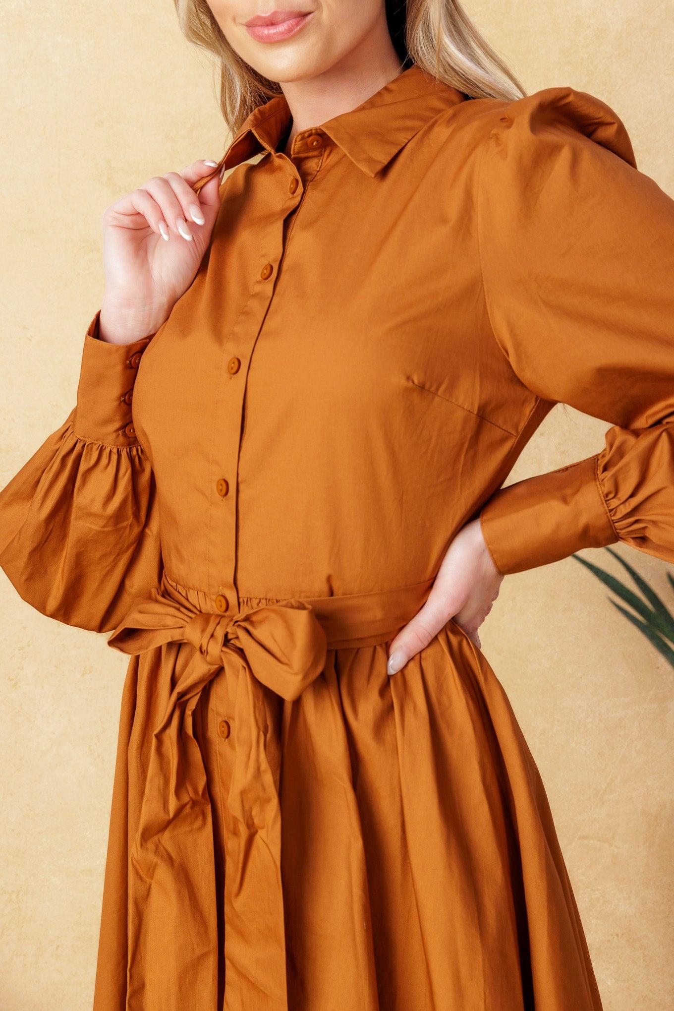 Eatons Neck Woven Mini Dress in caramel, view 3 — Soul Flow Apparel