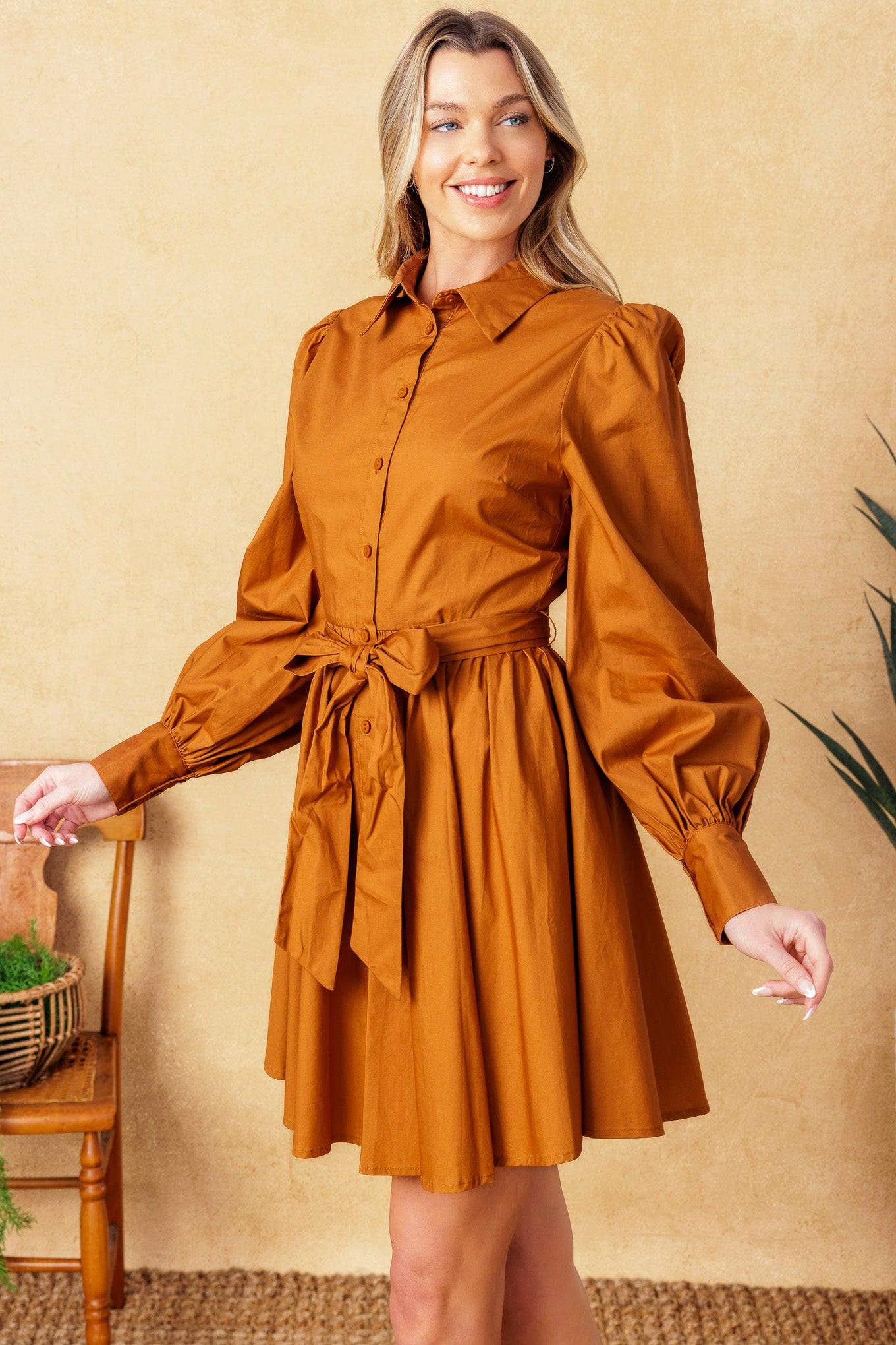 Eatons Neck Woven Mini Dress in caramel, view 4 — Soul Flow Apparel