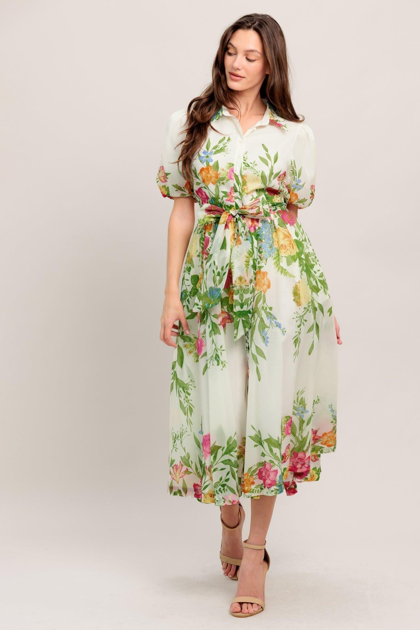 Fresh Blossom Ivory Woven Midi Dress, view 2 — Soul Flow Apparel