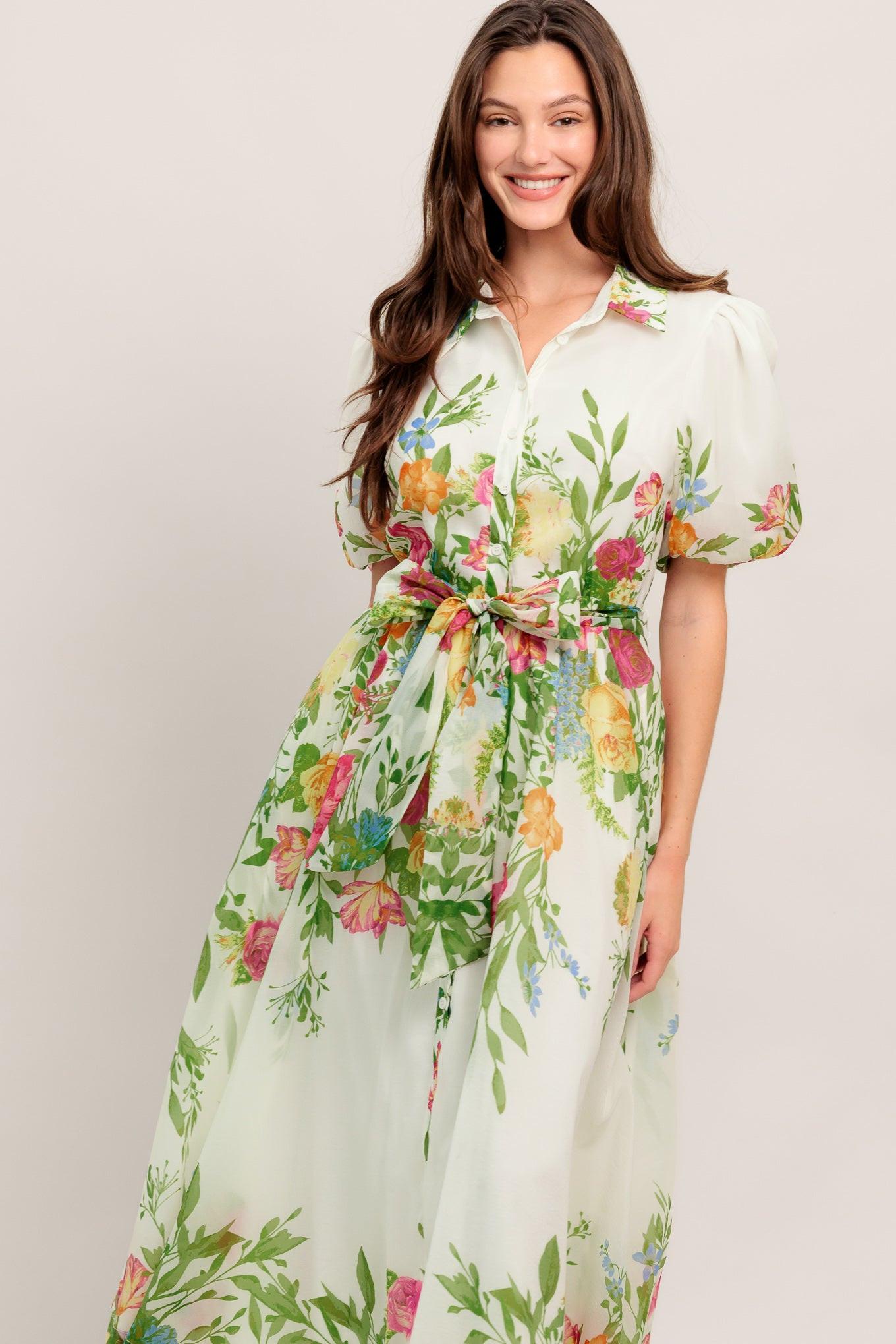 Fresh Blossom Ivory Woven Midi Dress, view 3 — Soul Flow Apparel