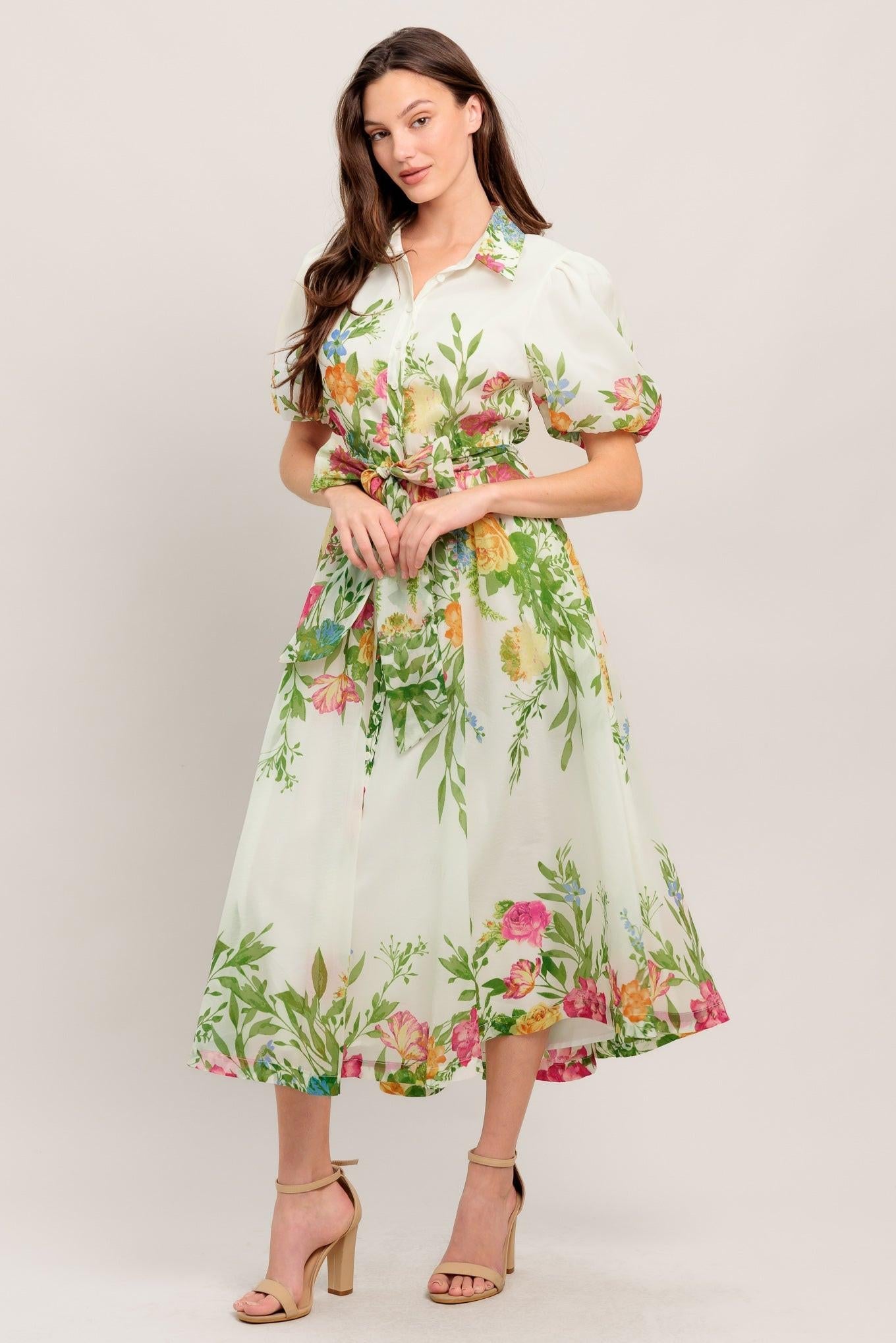 Fresh Blossom Ivory Woven Midi Dress, view 4 — Soul Flow Apparel