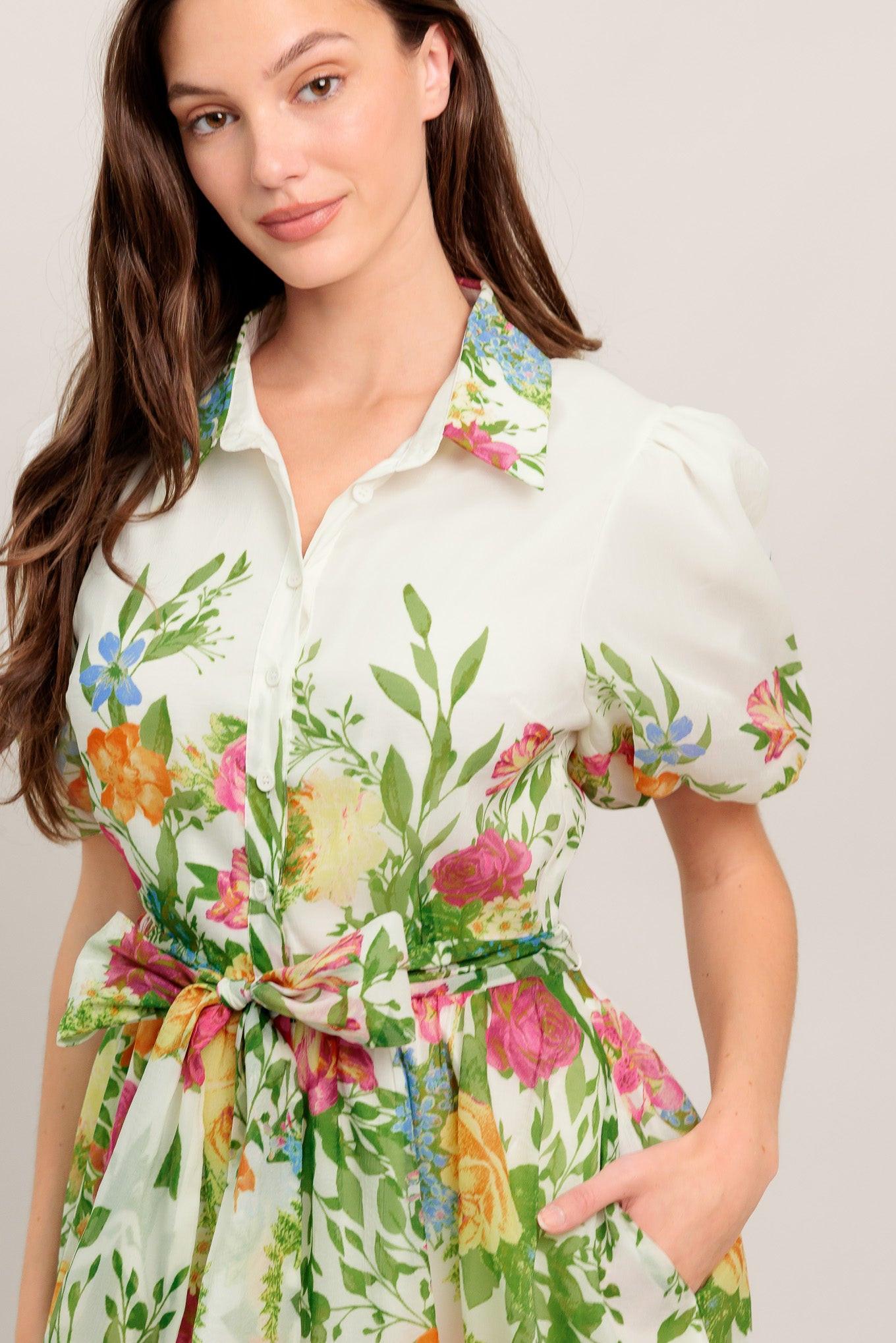 Fresh Blossom Ivory Woven Midi Dress, view 5 — Soul Flow Apparel