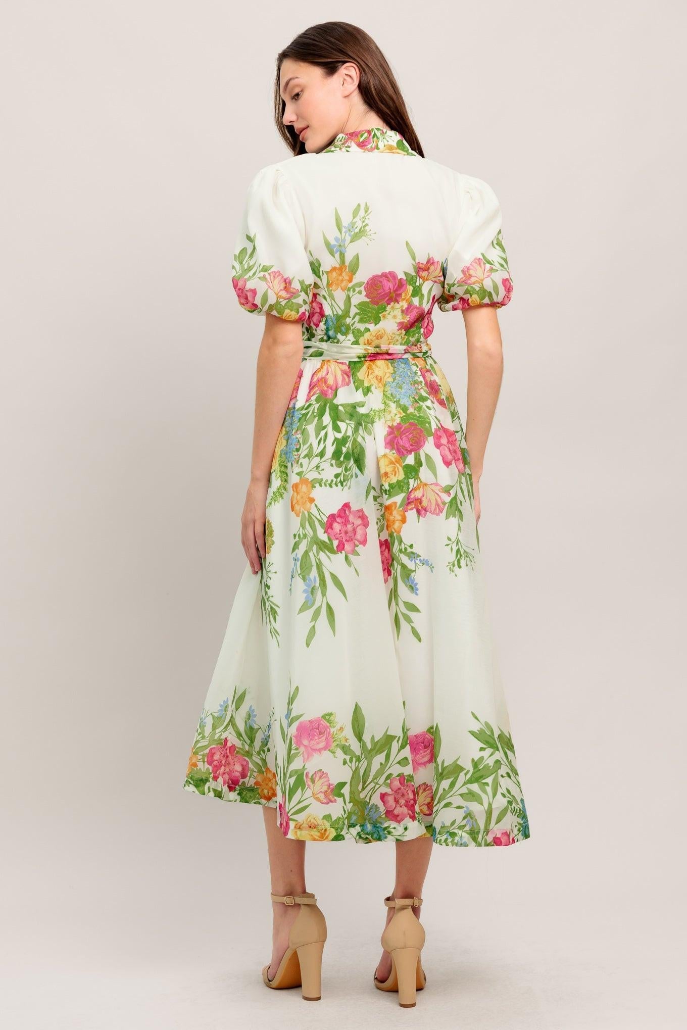 Fresh Blossom Ivory Woven Midi Dress, view 6 — Soul Flow Apparel