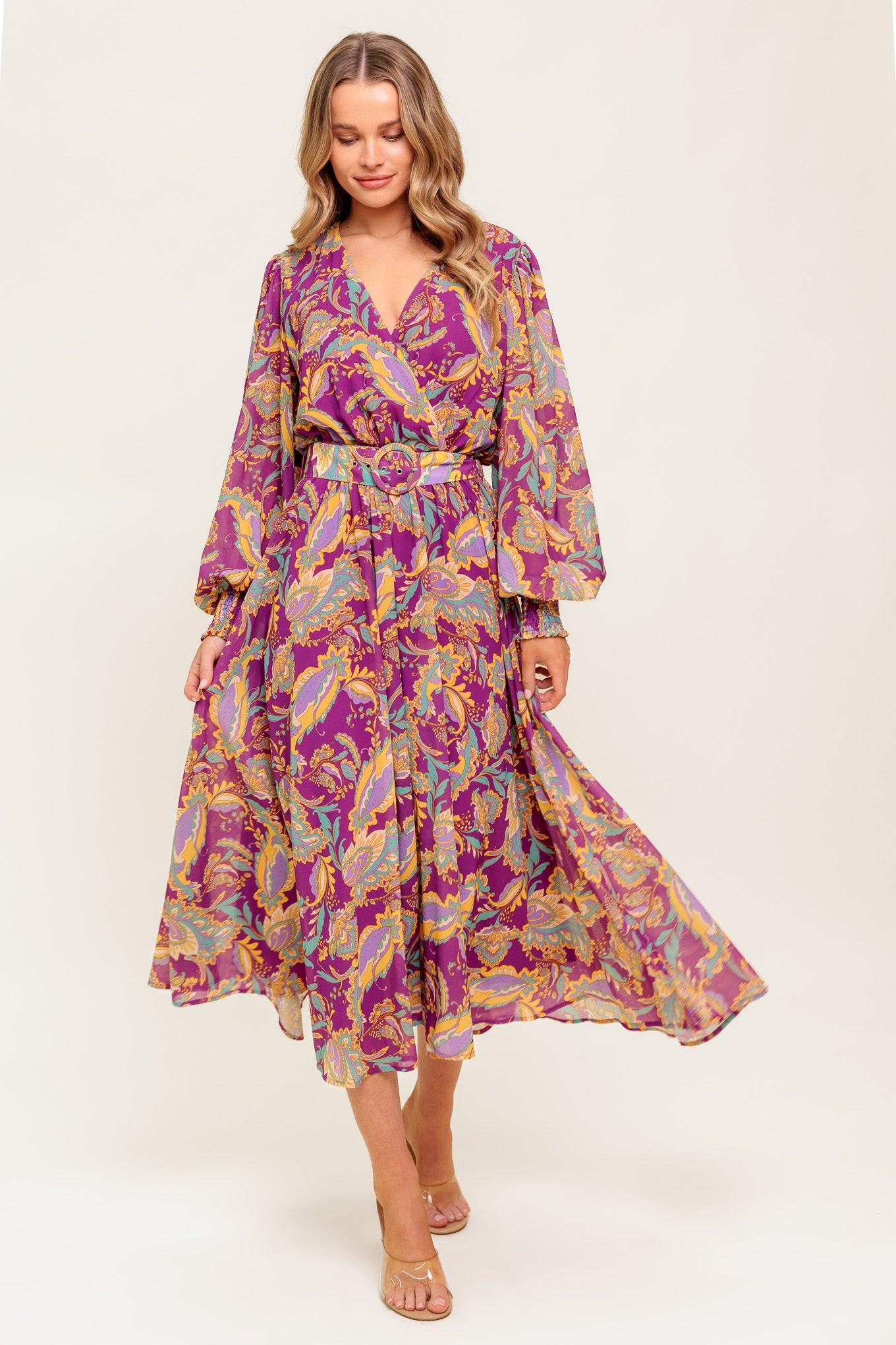 Going with Elegance Woven Midi Dress in purple, view 1 — Soul Flow Apparel