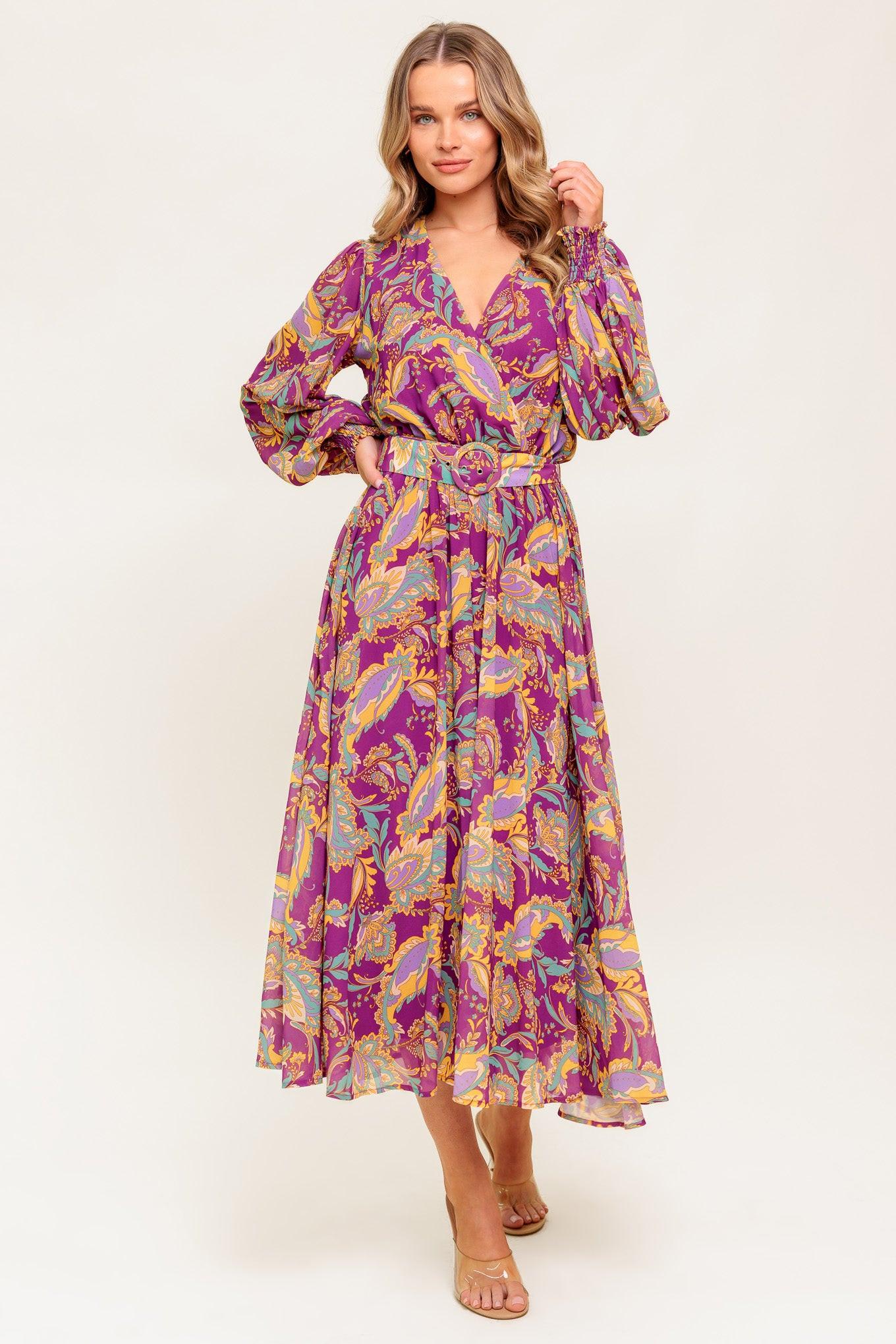 Going with Elegance Woven Midi Dress in purple, view 2 — Soul Flow Apparel