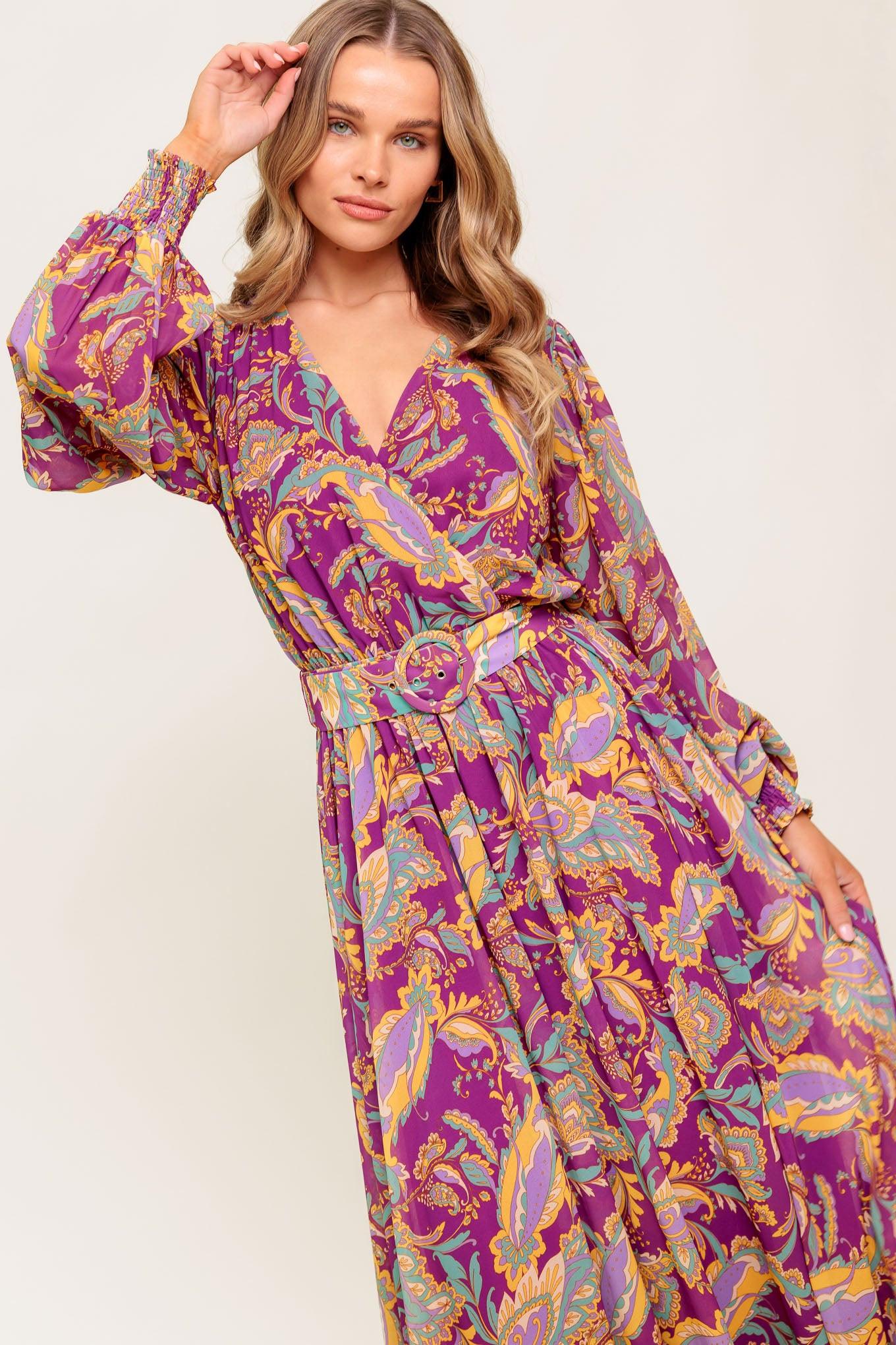 Going with Elegance Woven Midi Dress in purple, view 3 — Soul Flow Apparel