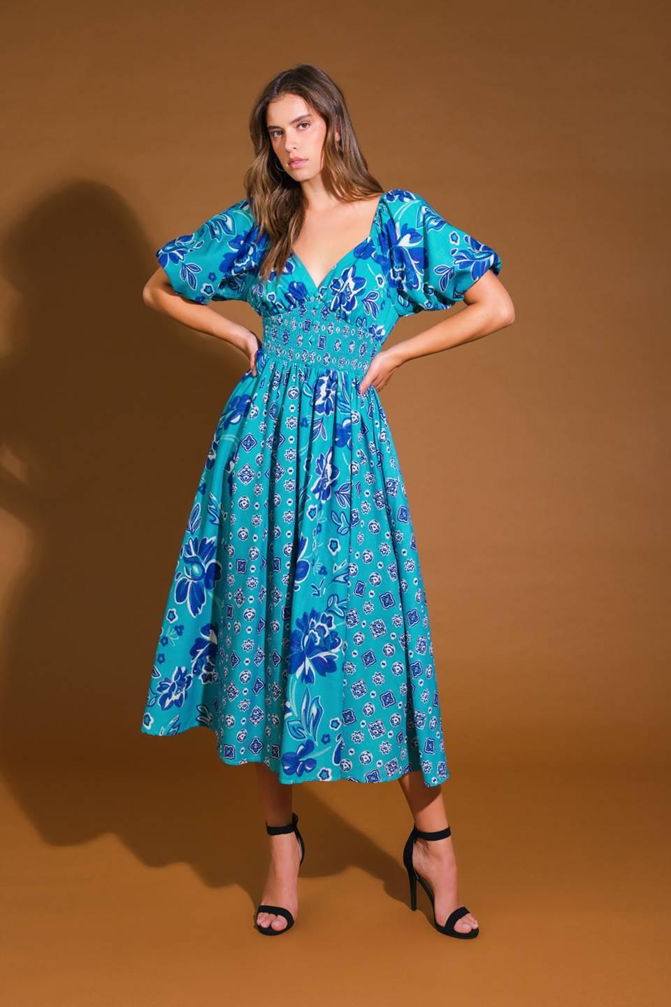 New Castle Woven Midi Dress in dusty teal, view 1 — Soul Flow Apparel