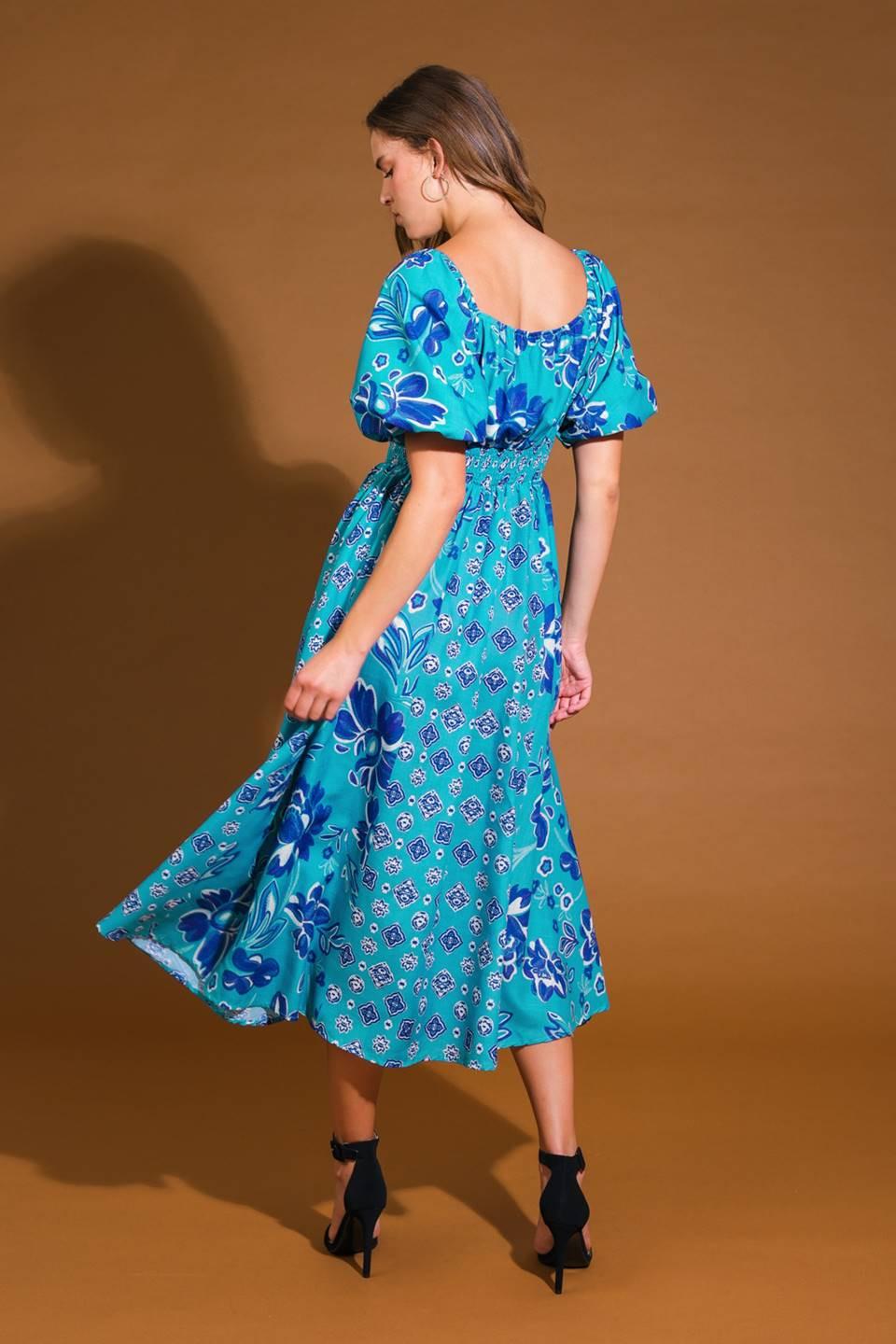 New Castle Woven Midi Dress in dusty teal, view 2 — Soul Flow Apparel
