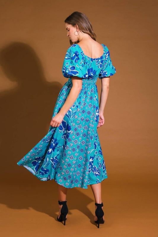New Castle Woven Midi Dress in dusty teal, view 2 — Soul Flow Apparel