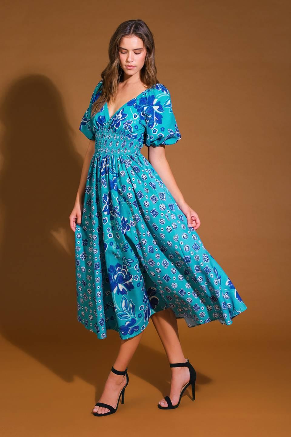 New Castle Woven Midi Dress in dusty teal, view 3 — Soul Flow Apparel