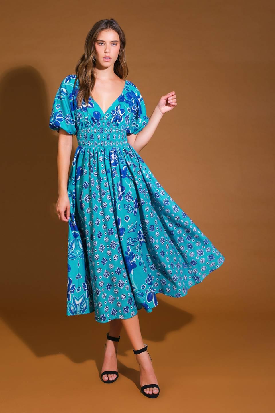 New Castle Woven Midi Dress in dusty teal, view 5 — Soul Flow Apparel