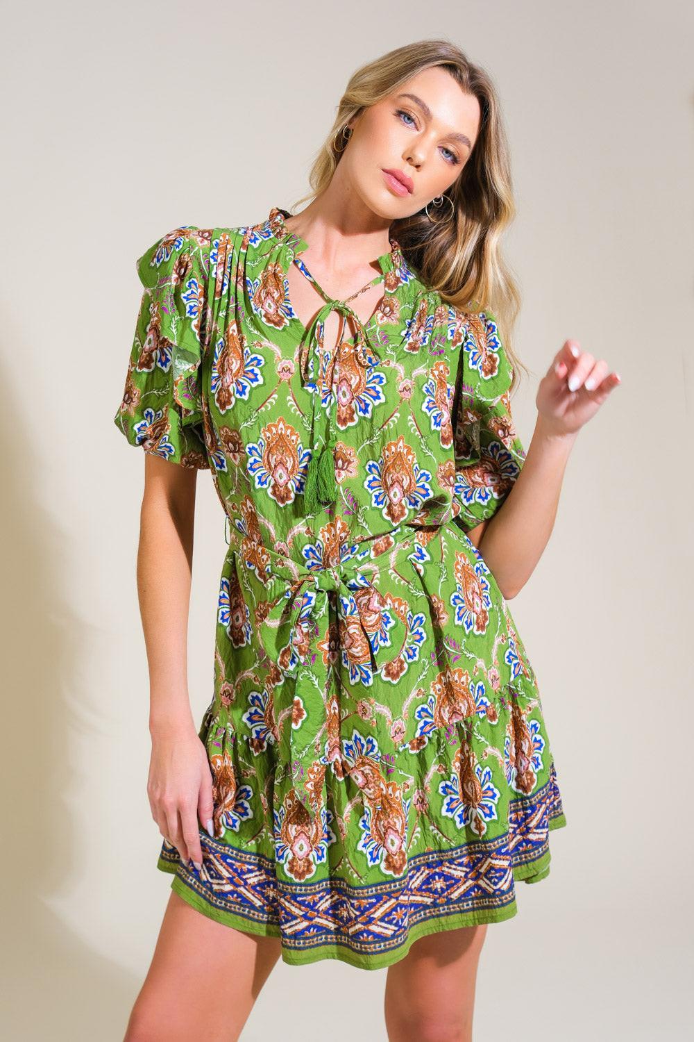 Pure Serenity Woven Mini Dress in avocado, view 1 — Soul Flow Apparel