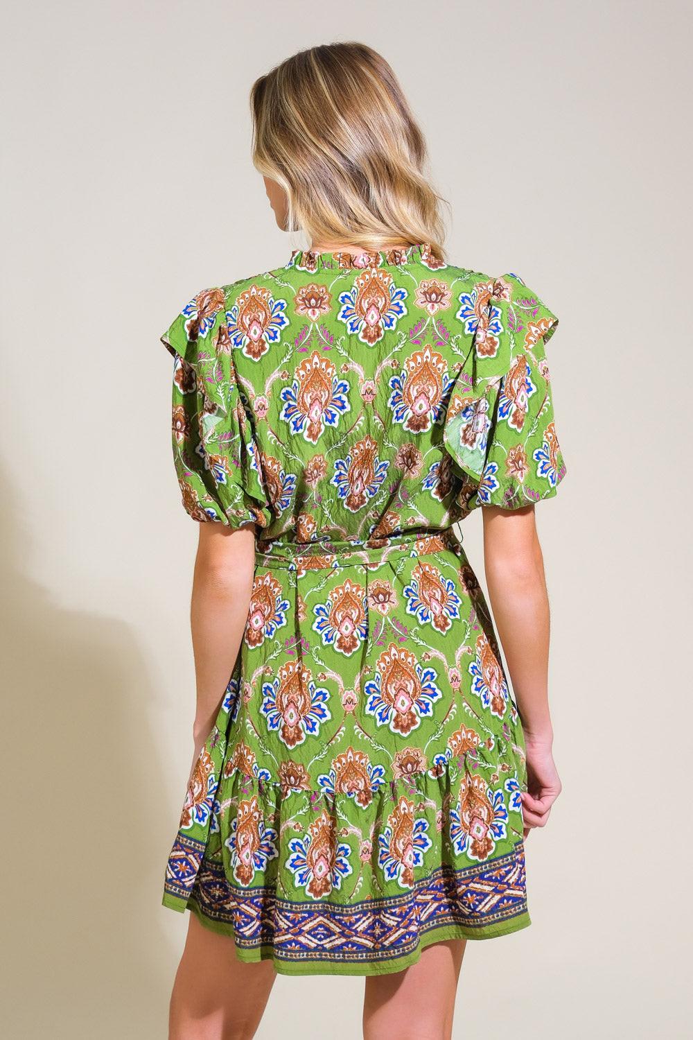 Pure Serenity Woven Mini Dress in avocado, view 2 — Soul Flow Apparel