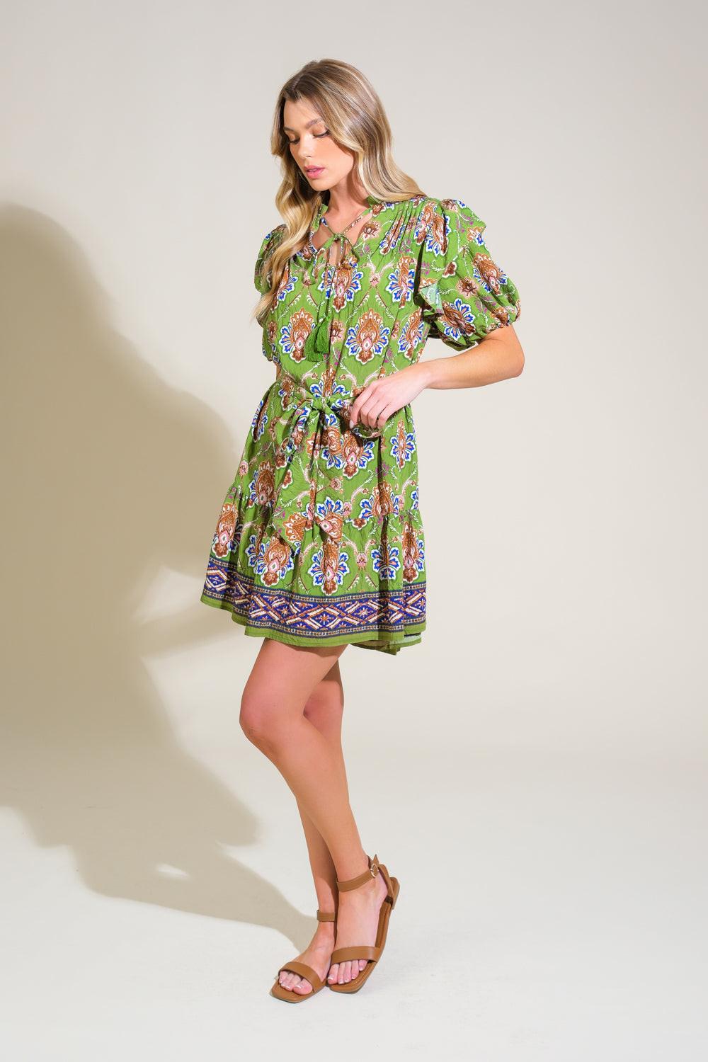 Pure Serenity Woven Mini Dress in avocado, view 3 — Soul Flow Apparel