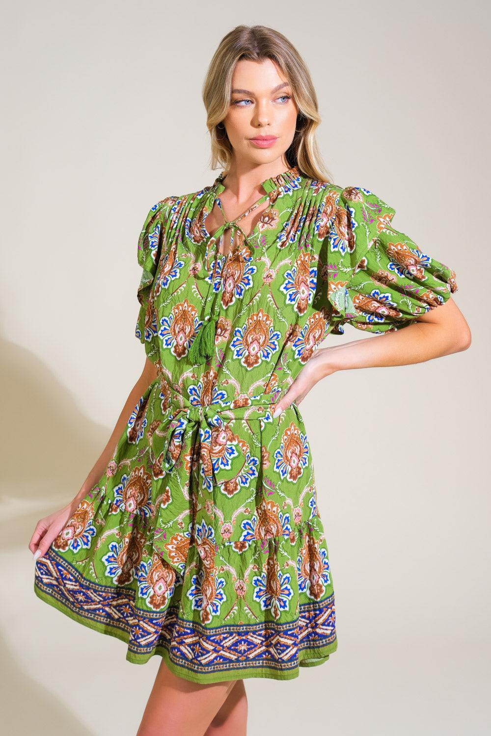 Pure Serenity Woven Mini Dress in avocado, view 4 — Soul Flow Apparel