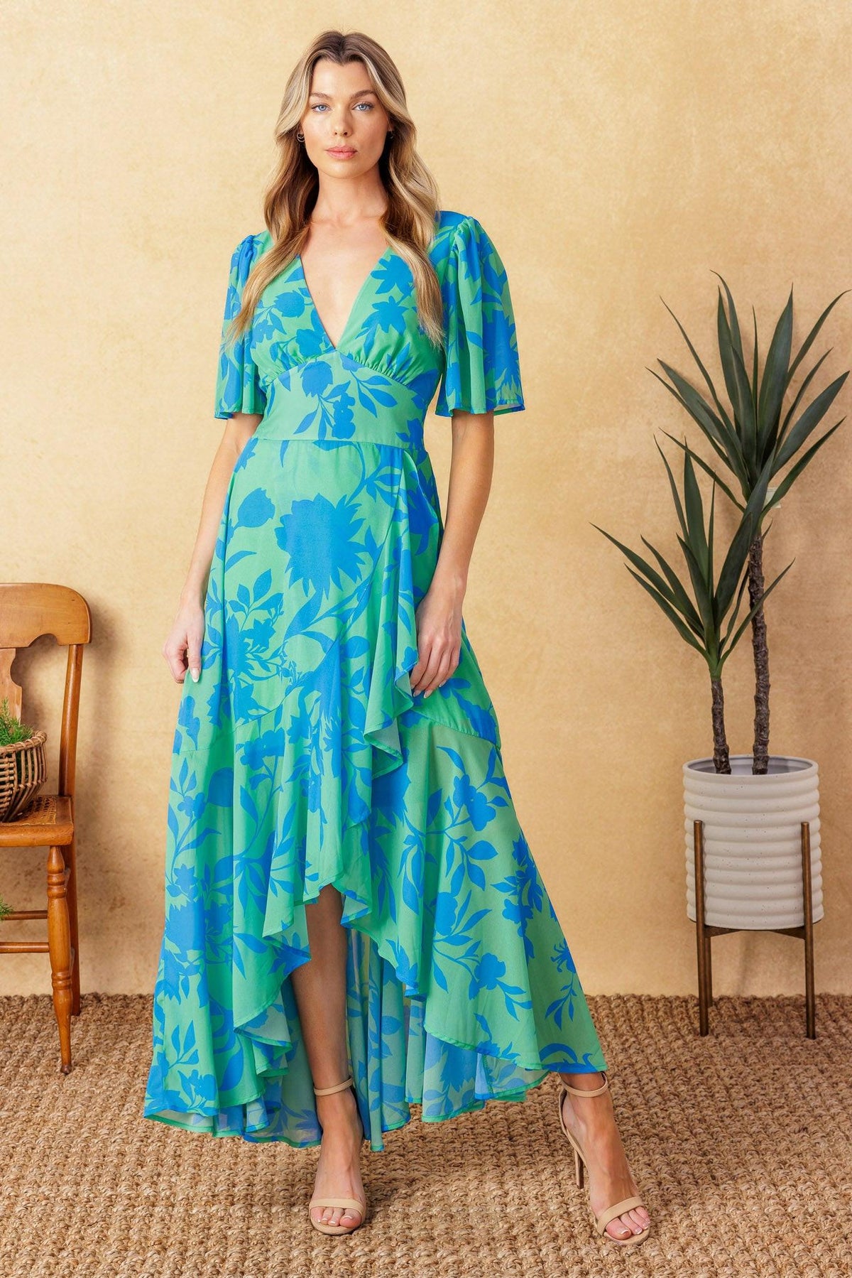 Forever Daydreaming Woven Midi Dress in green blue, view 1 — Soul Flow Apparel
