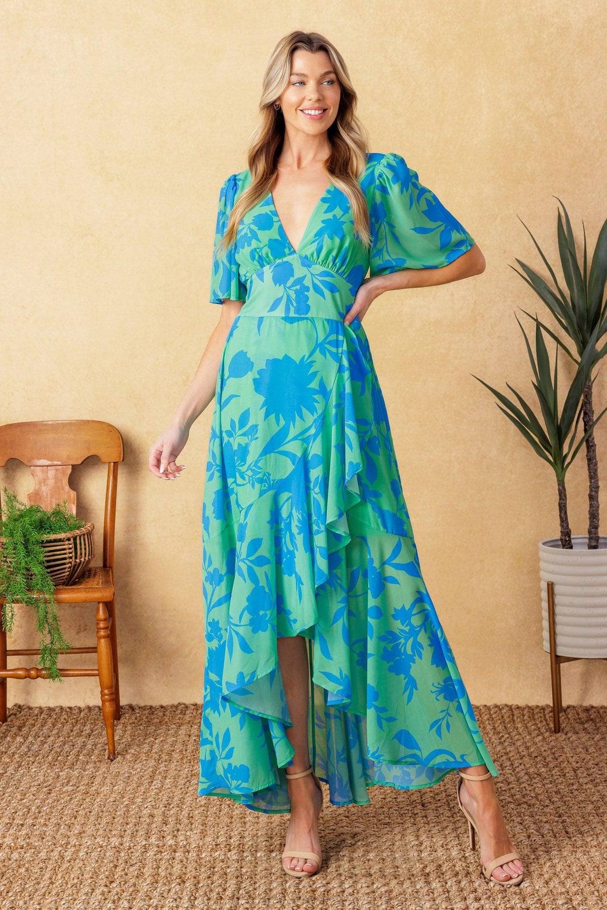 Forever Daydreaming Woven Midi Dress in green blue, view 2 — Soul Flow Apparel