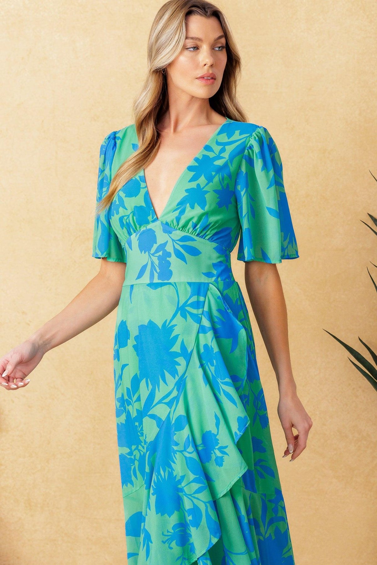 Forever Daydreaming Woven Midi Dress in green blue, view 3 — Soul Flow Apparel