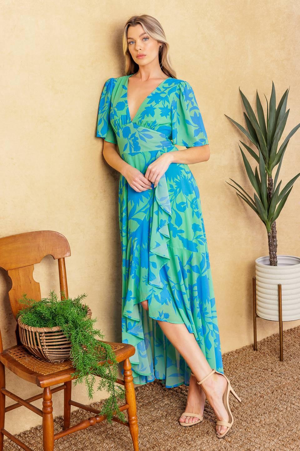 Forever Daydreaming Woven Midi Dress in green blue, view 6 — Soul Flow Apparel