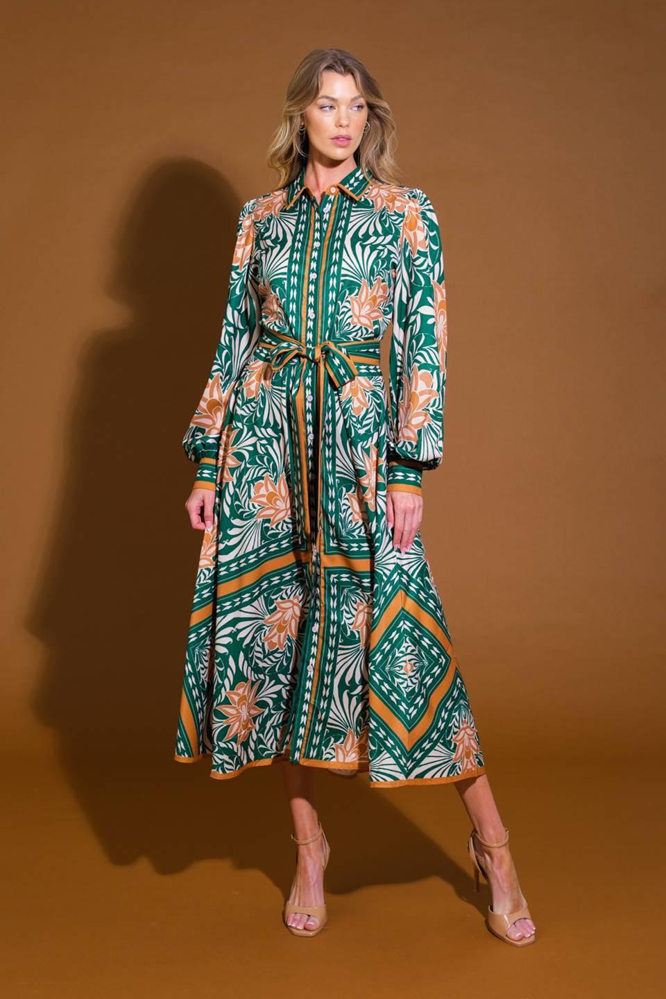 Love Espresso Woven Midi Dress in green camel, view 1 — Soul Flow Apparel