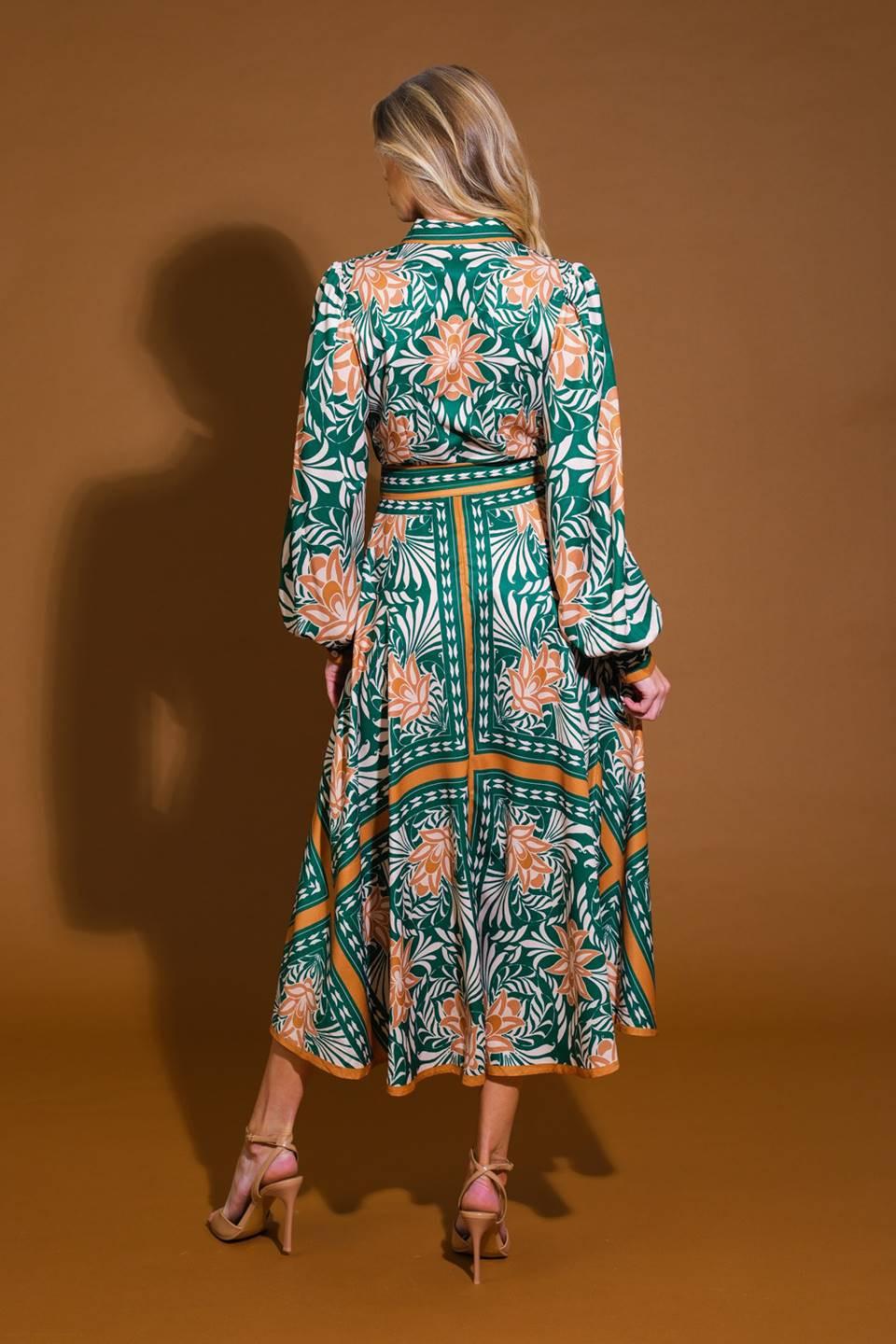 Love Espresso Woven Midi Dress in green camel, view 2 — Soul Flow Apparel