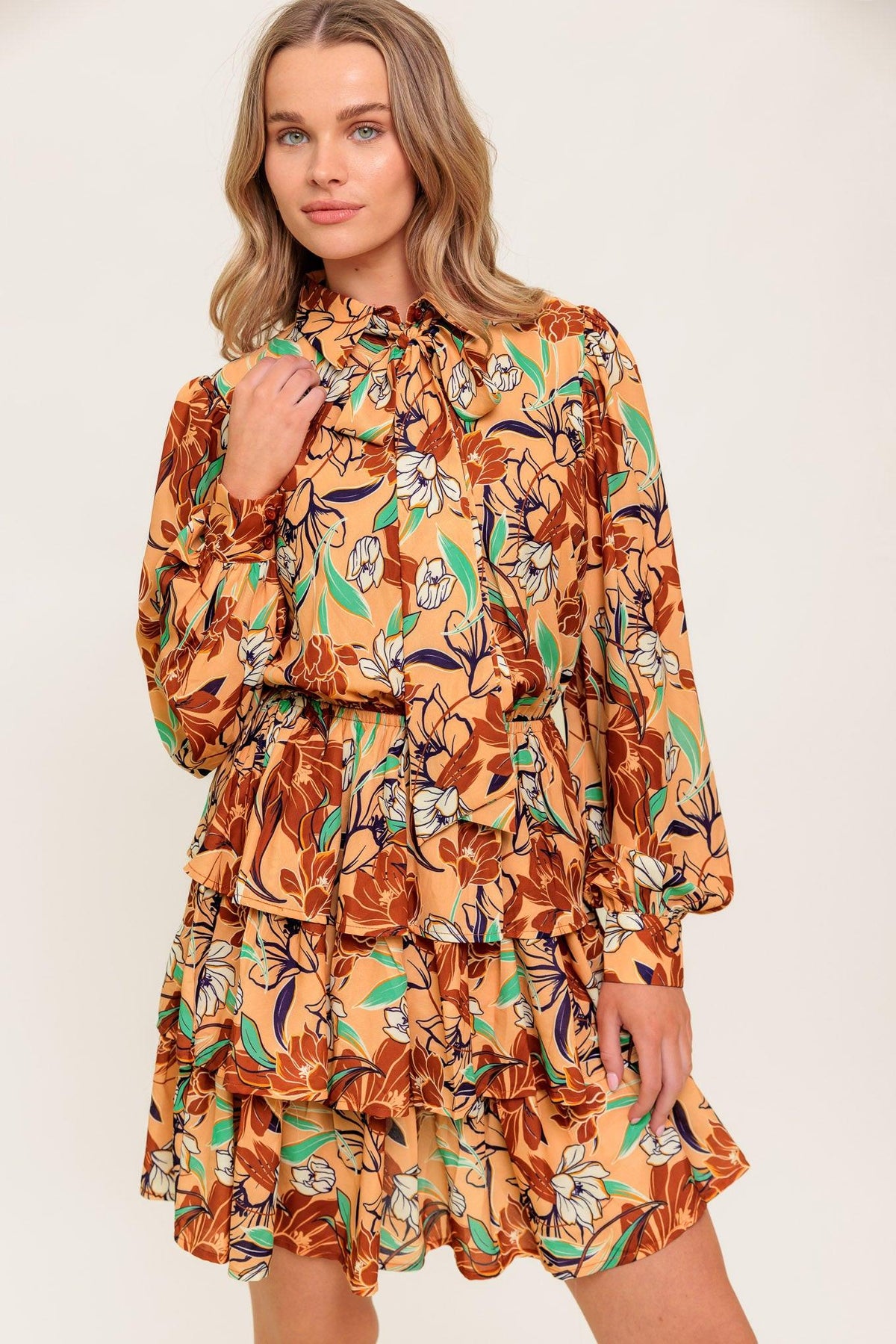 Secret Crush Woven Mini Dress in taupe brown, view 3 — Soul Flow Apparel